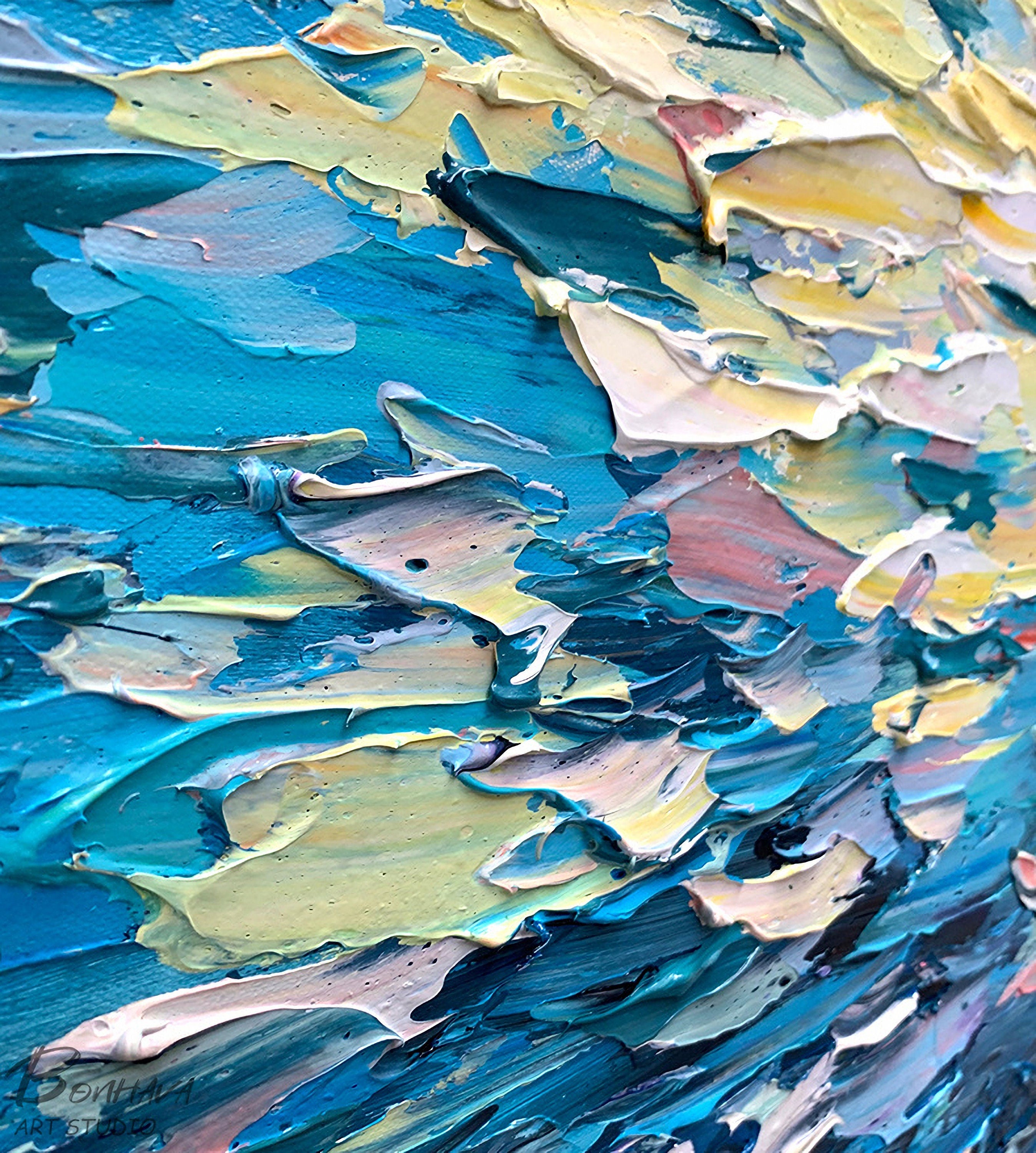 Seascape Abstract Oil Painting,Oil Painting on Canvas, Texture Blue Ocean Scenery Oil Painting, Hand-Painted Abstract Artwork