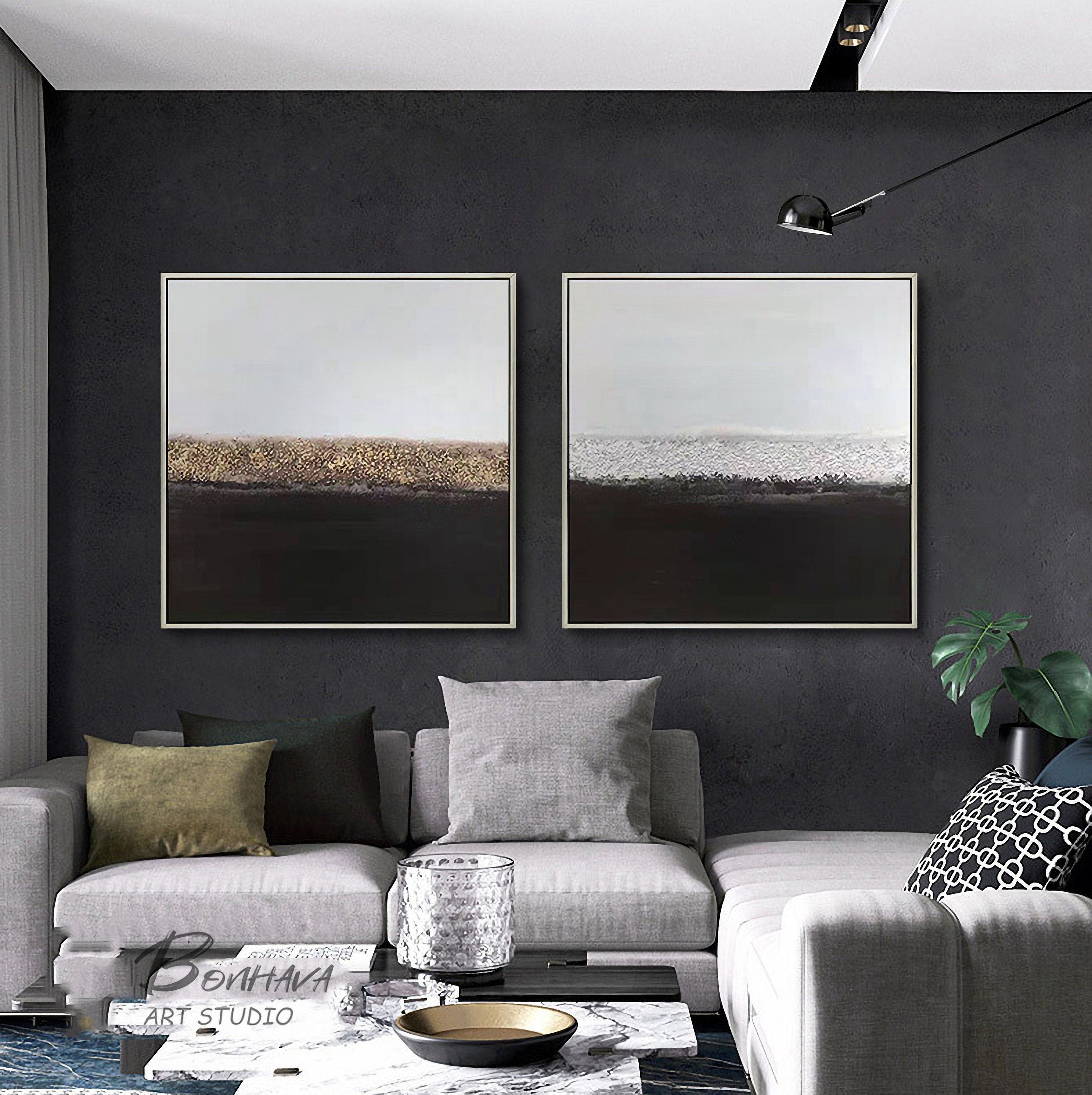 Black and White Abstract Painting, Large Abstract Painting, Large Canvas Art, Handmade Large Wall Art, Living Room Decor, Set…