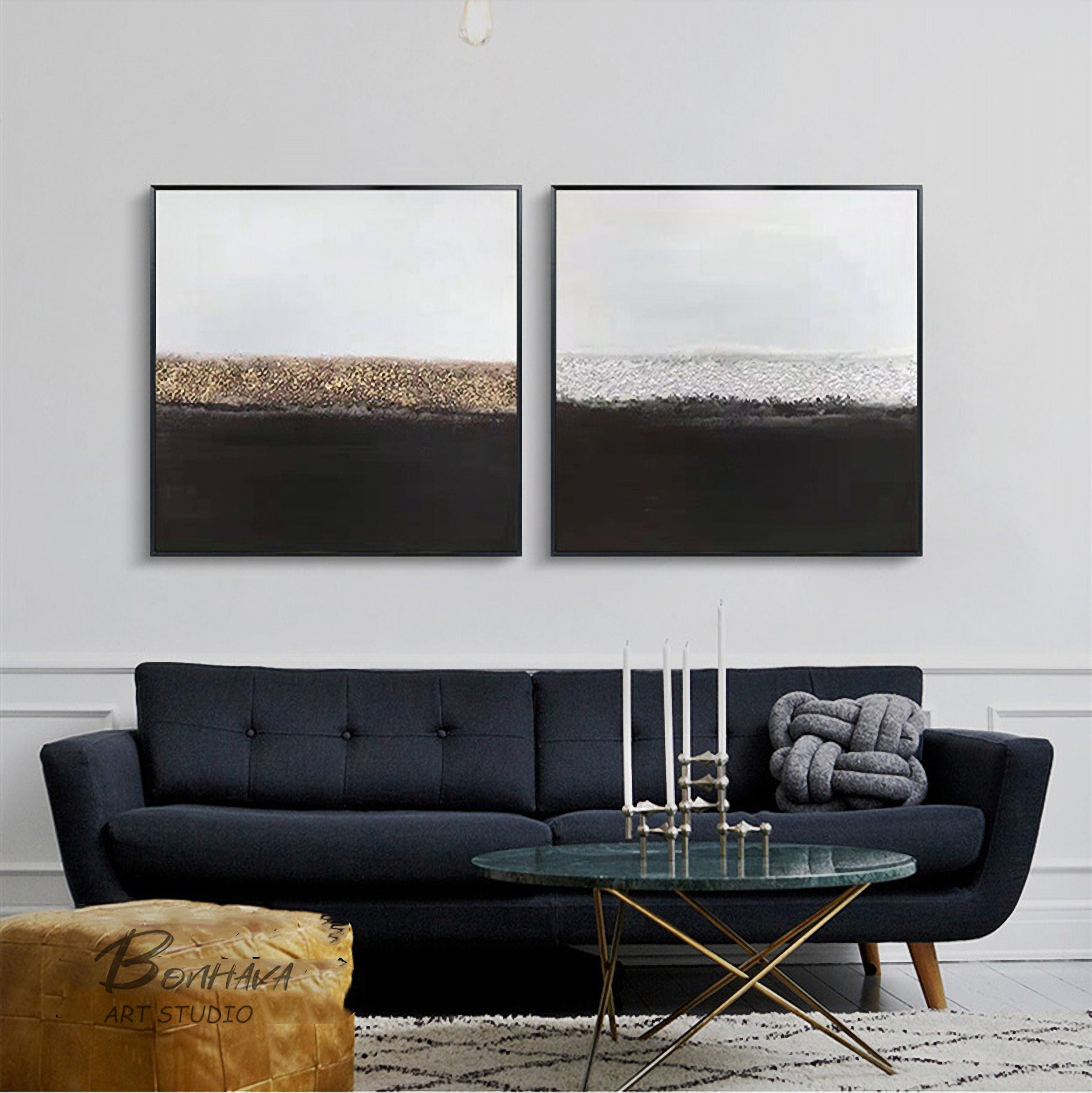 Black and White Abstract Painting, Large Abstract Painting, Large Canvas Art, Handmade Large Wall Art, Living Room Decor, Set…