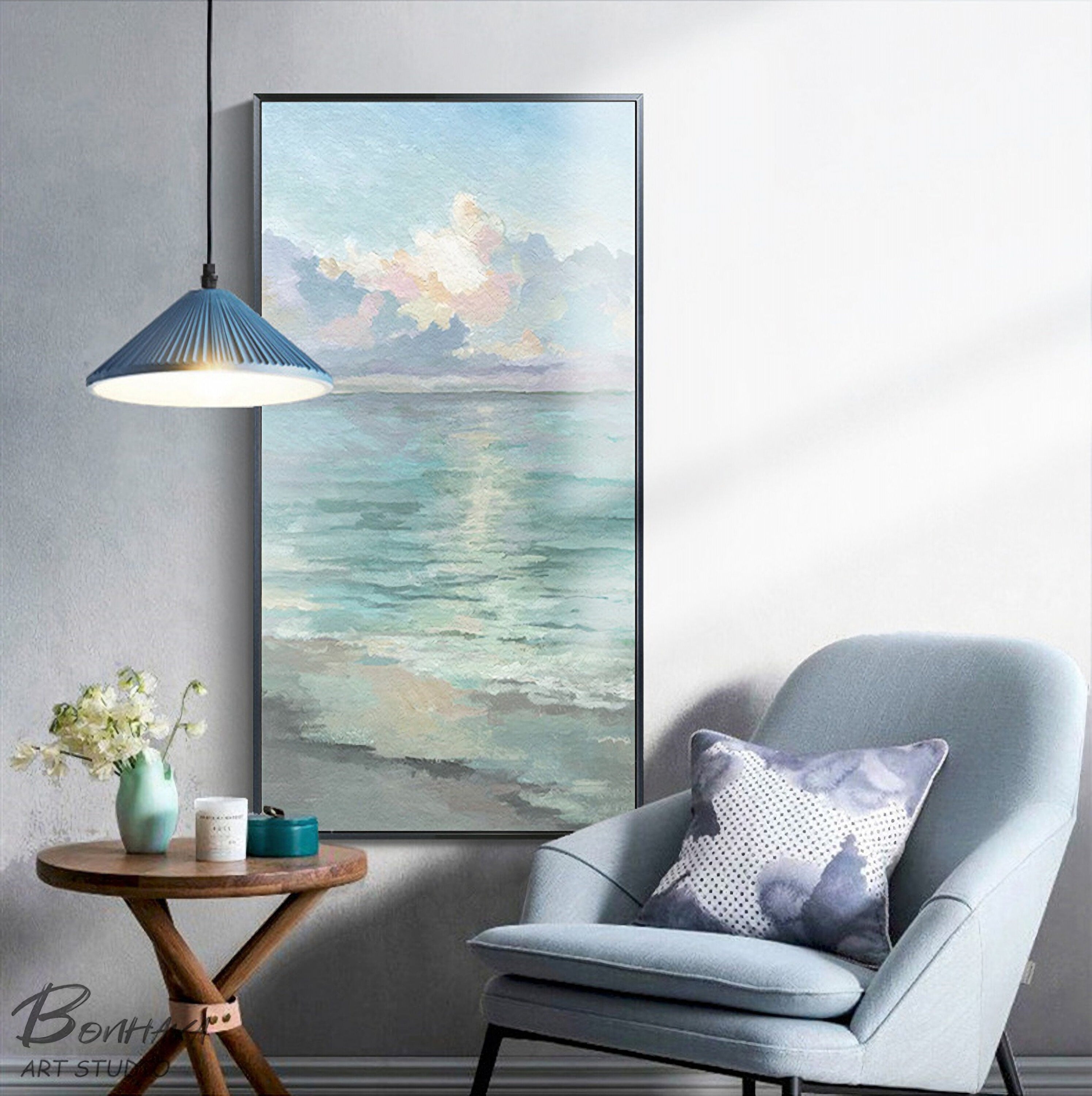 Set of 2 Abstract Ocean Painting, Sea and Sky Oil Painting, Large Painting on Canvas, Original Ocean Art