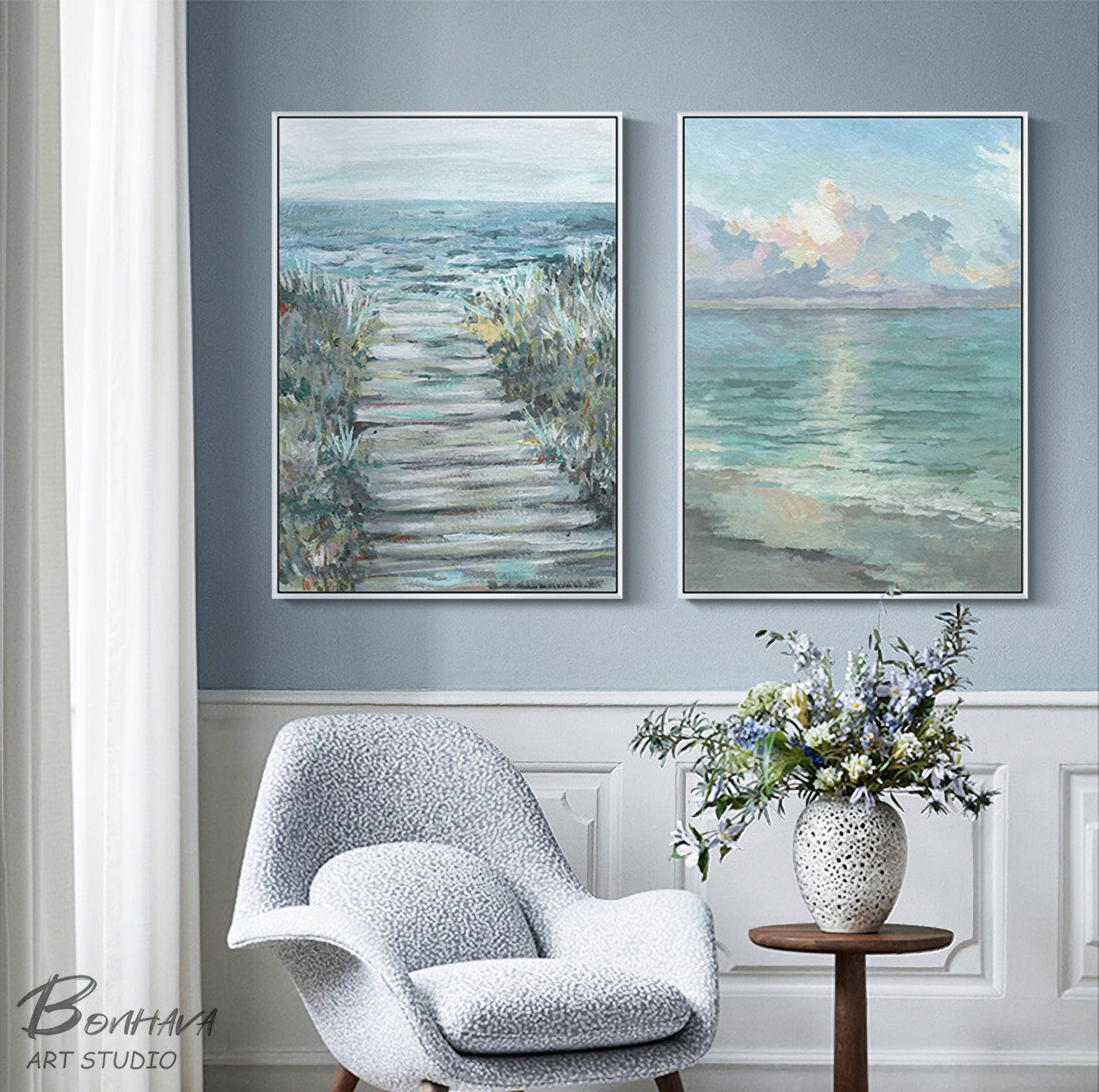 Set of 2 Abstract Ocean Painting, Sea and Sky Oil Painting, Large Painting on Canvas, Original Ocean Art