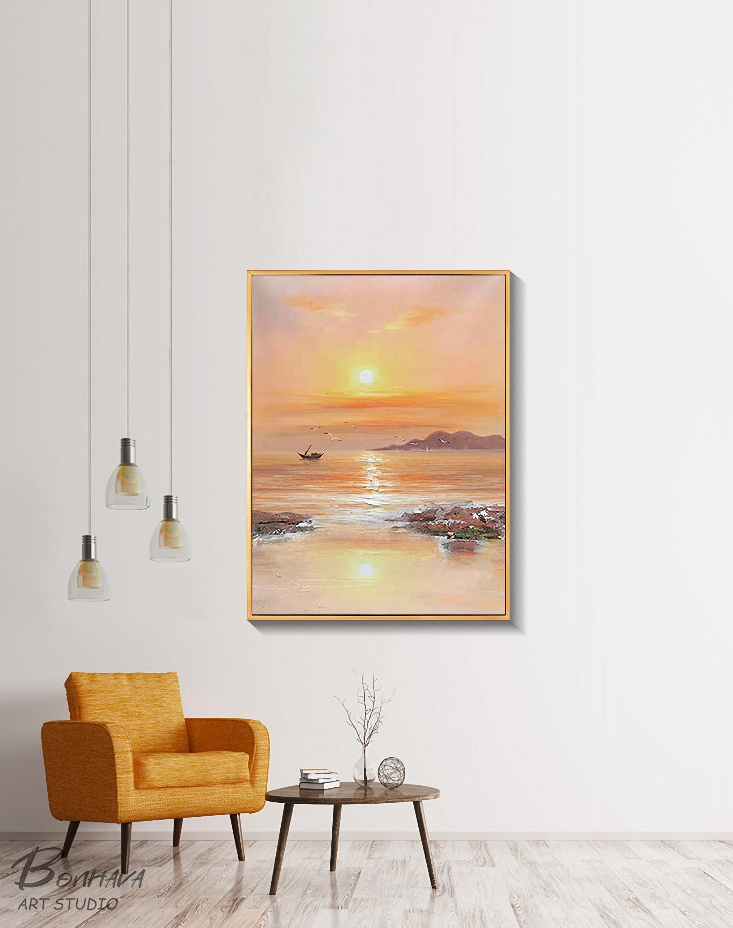 Sea Painting, Large Abstract Painting on Canvas, Large Yellow Abstract Painting, Seascape Oil Painting