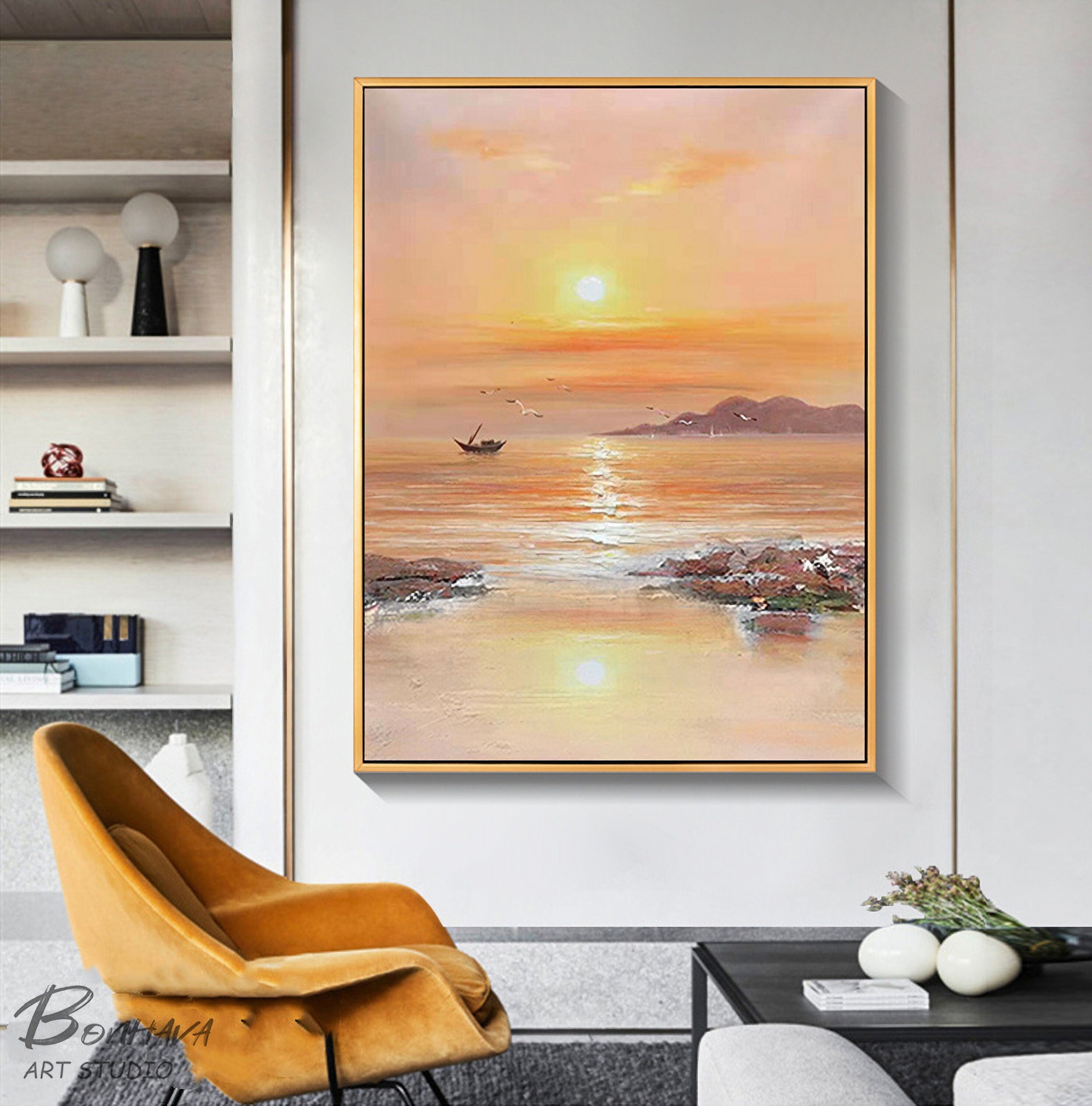 Sea Painting, Large Abstract Painting on Canvas, Large Yellow Abstract Painting, Seascape Oil Painting