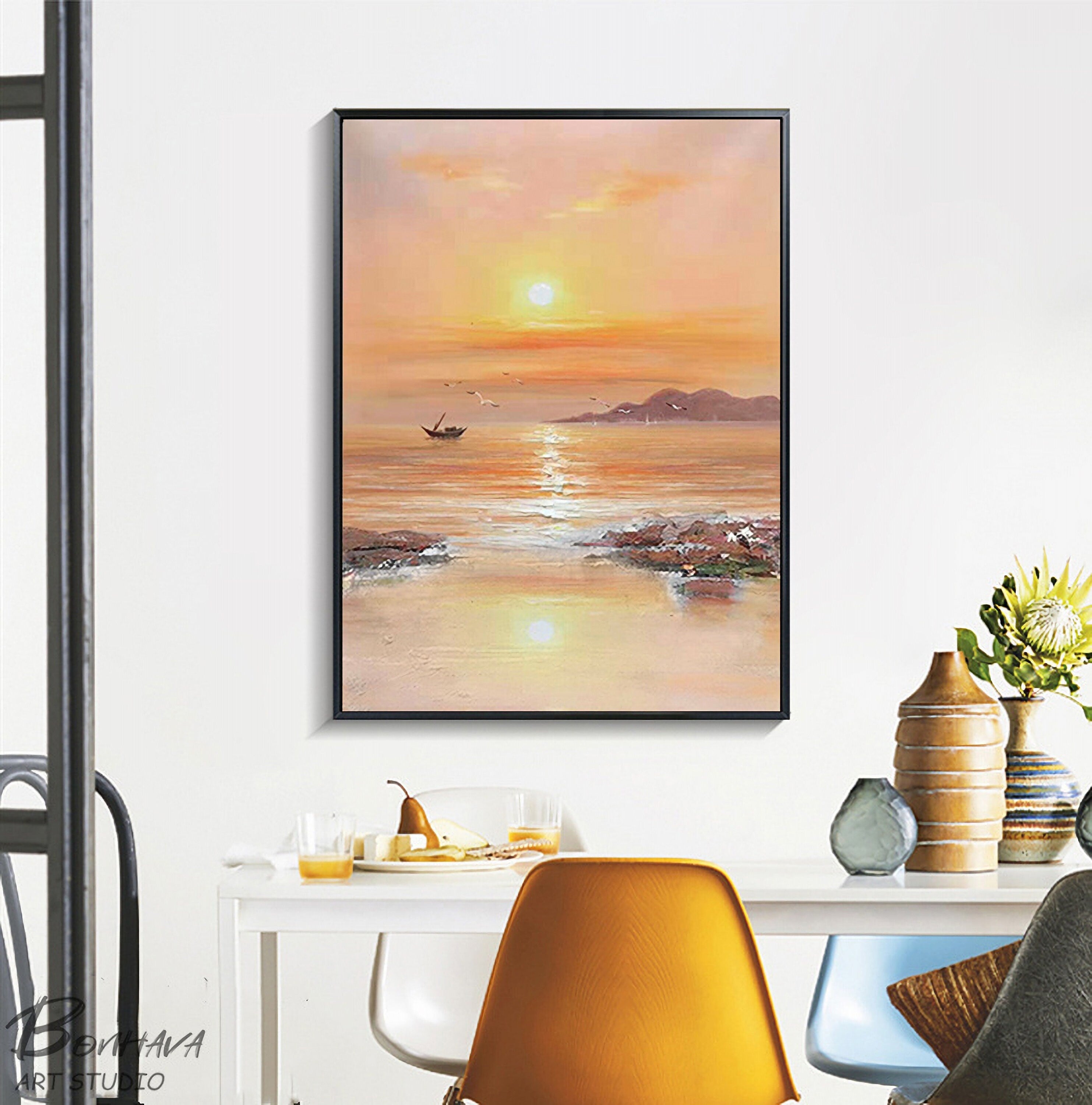 Sea Painting, Large Abstract Painting on Canvas, Large Yellow Abstract Painting, Seascape Oil Painting