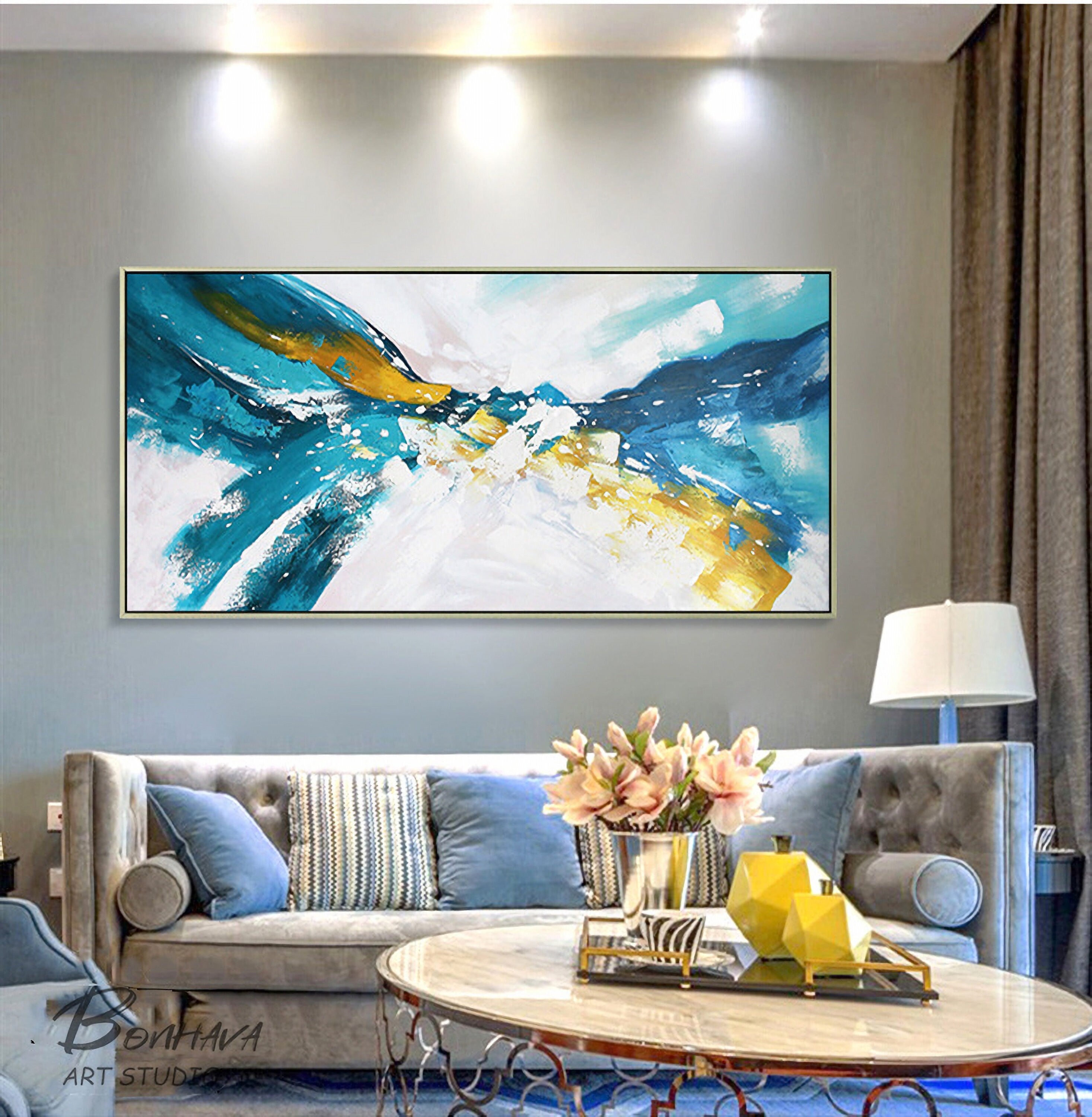 Blue and White Abstract Painting, Abstract Wall Decor, Large Wall Art, Original Abstract Art on Canvas