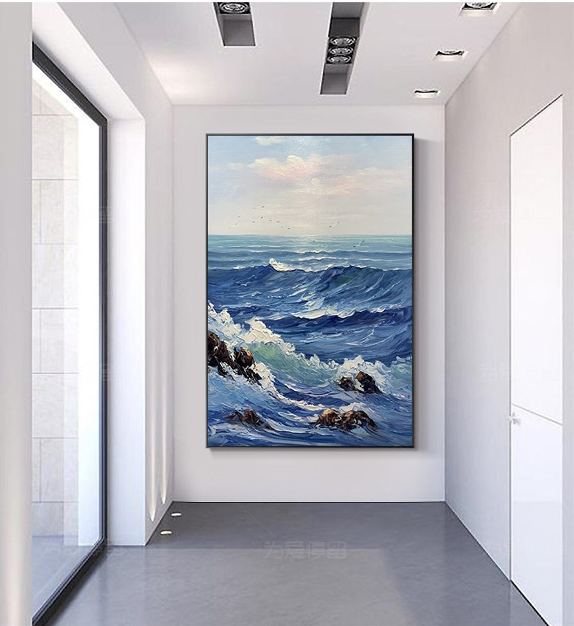 Pure hand-painted oil painting, sea mural, huge wave landscape, sunrise decorative painting, porch vertical plate hanging…