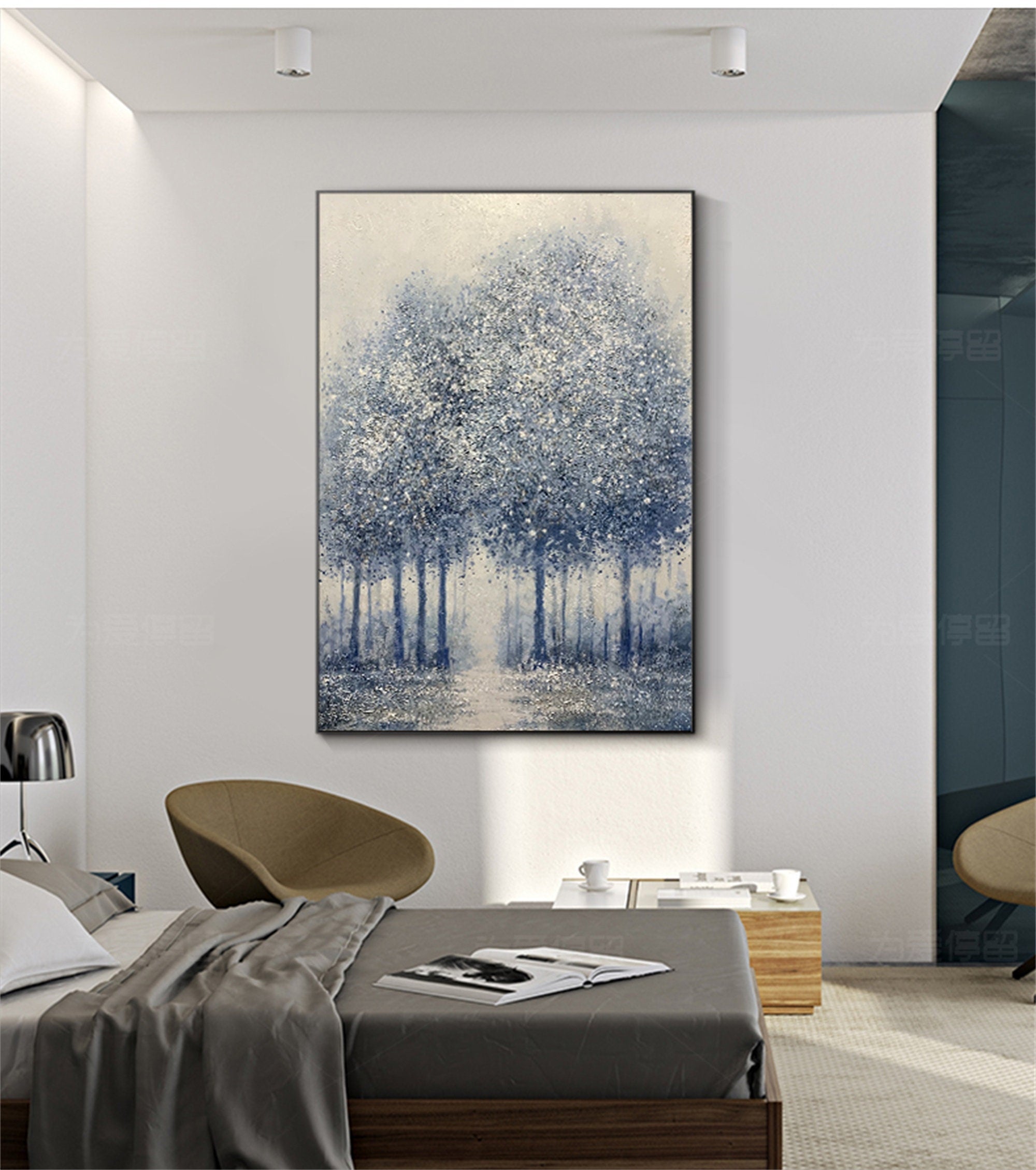 Pure hand painted oil painting gray forest landscape hanging painting post modern handmade mural art decorative painting
