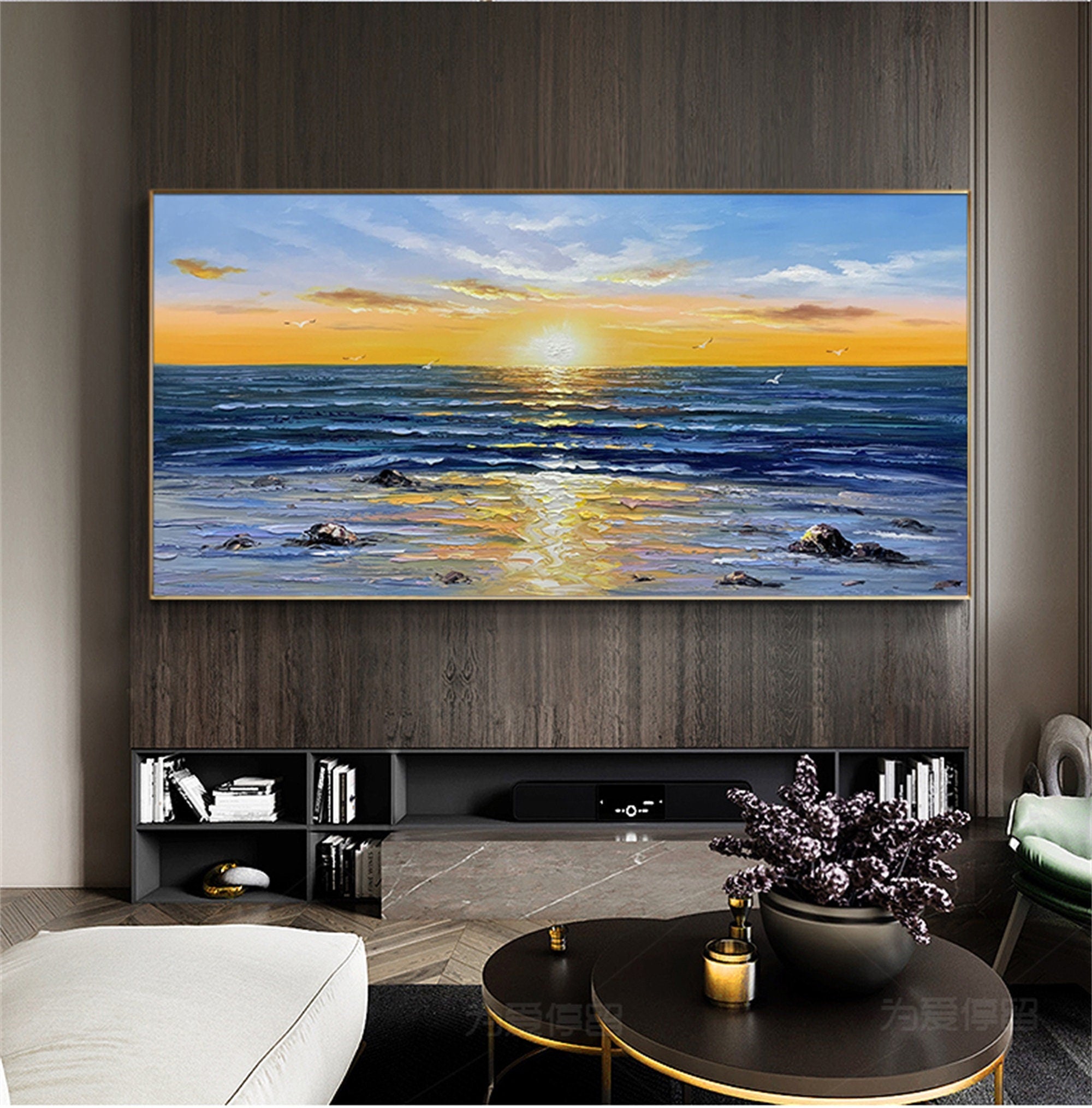 Pure hand-painted oil painting living room horizontal plate hanging painting sea landscape mural Rising Sun Dongsheng…