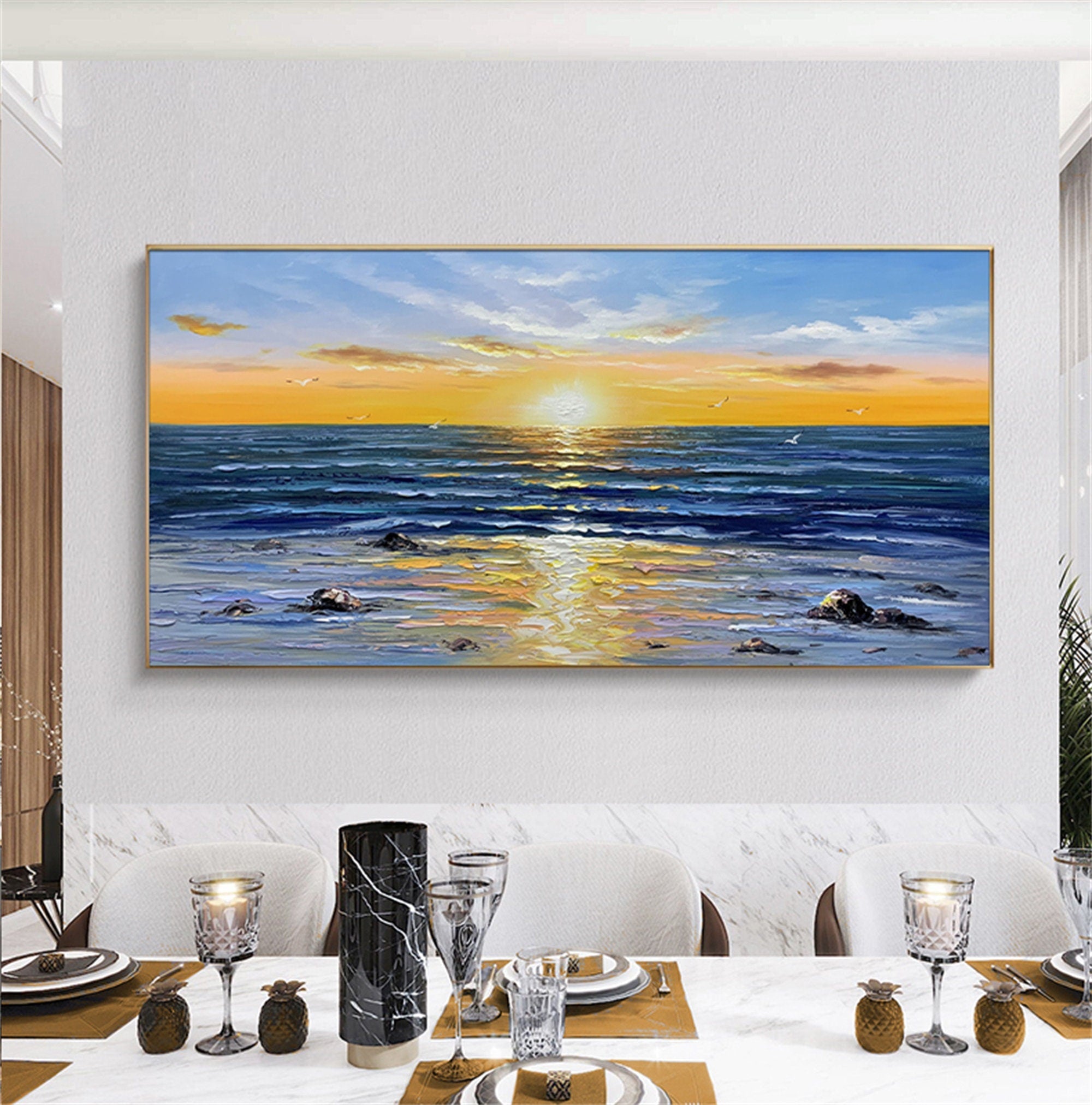 Pure hand-painted oil painting living room horizontal plate hanging painting sea landscape mural Rising Sun Dongsheng…