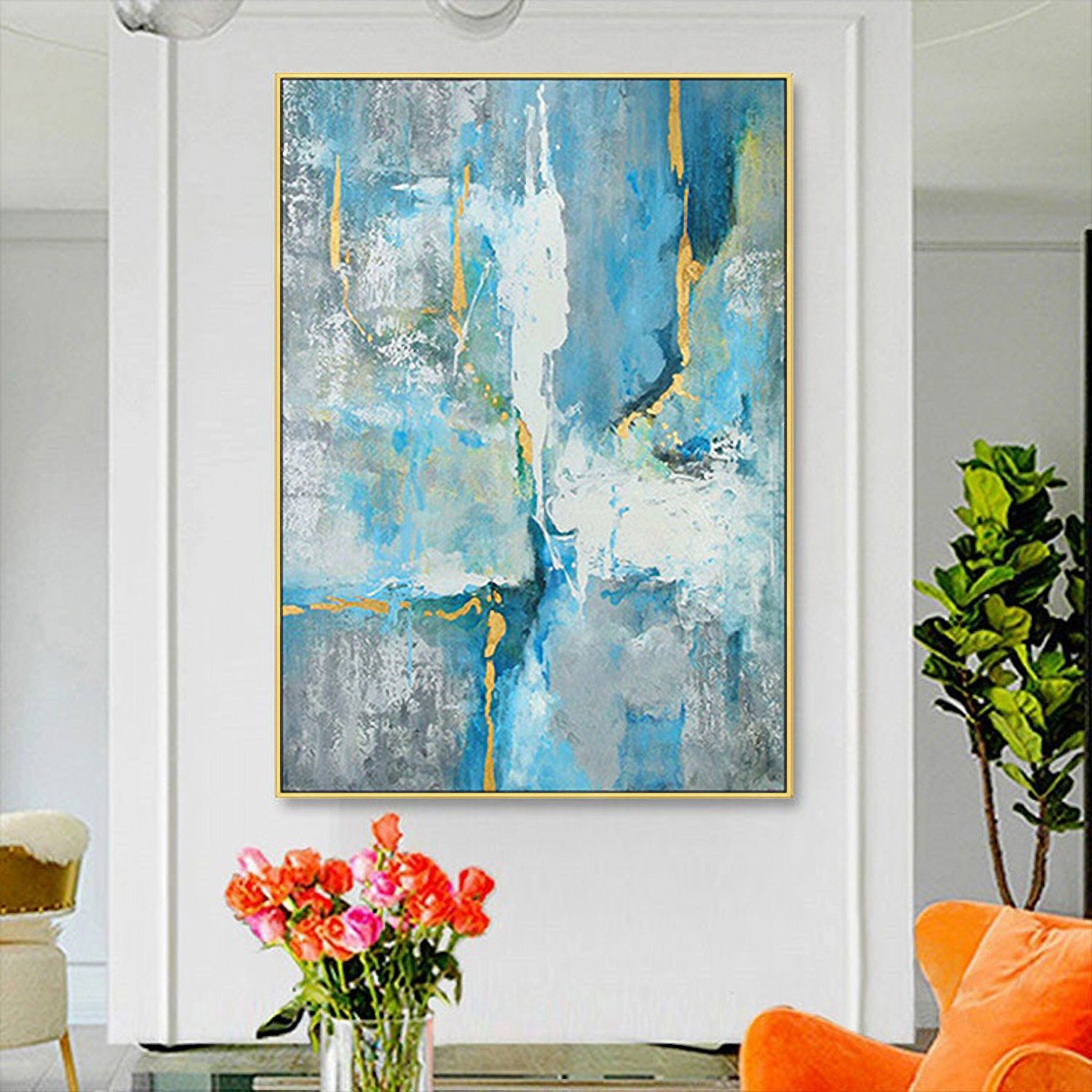 Blue Abstract Painting Wall Art: Modern Picture on Canvas Artwork for Bedroom (24'' x 32'')