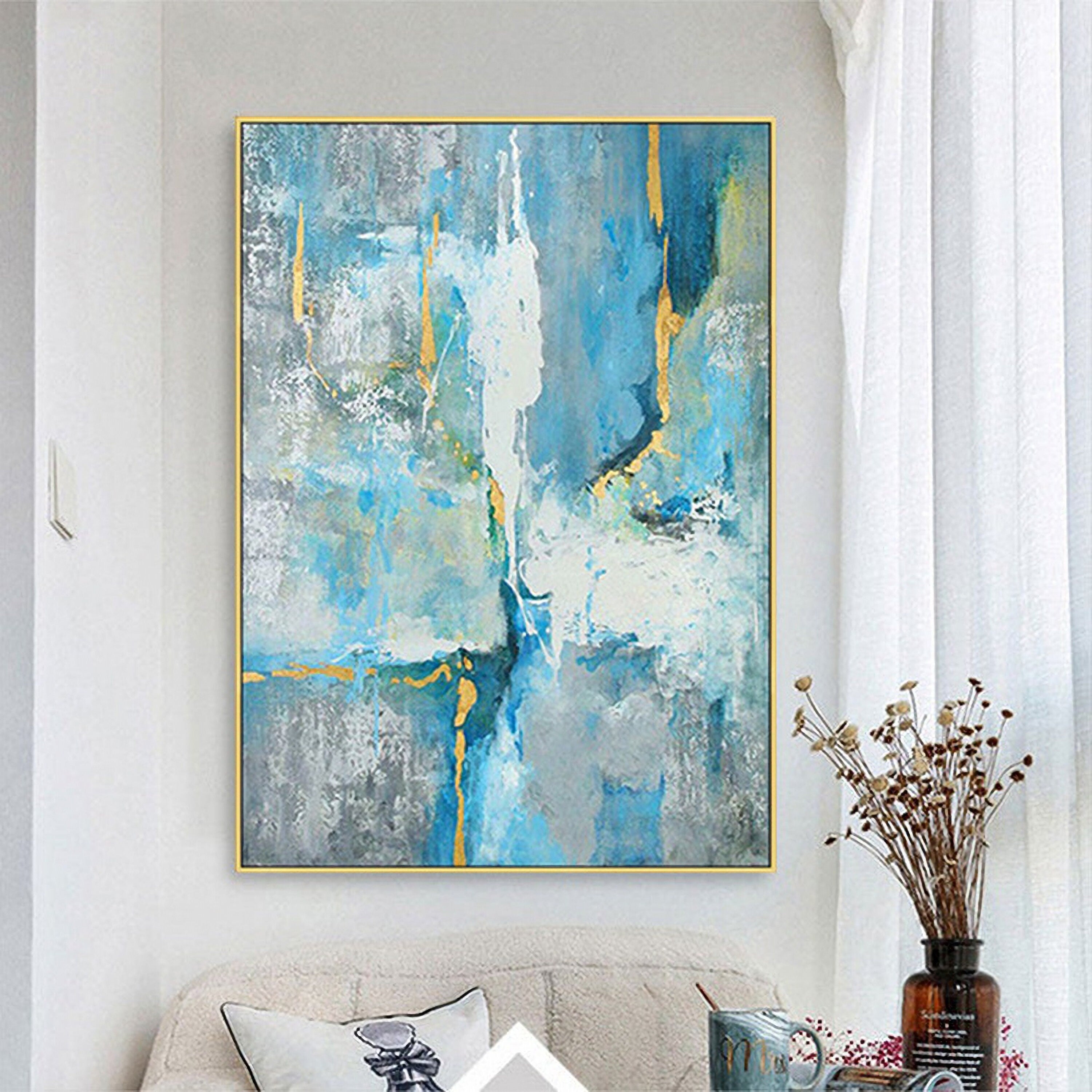 Blue Abstract Painting Wall Art: Modern Picture on Canvas Artwork for Bedroom (24'' x 32'')