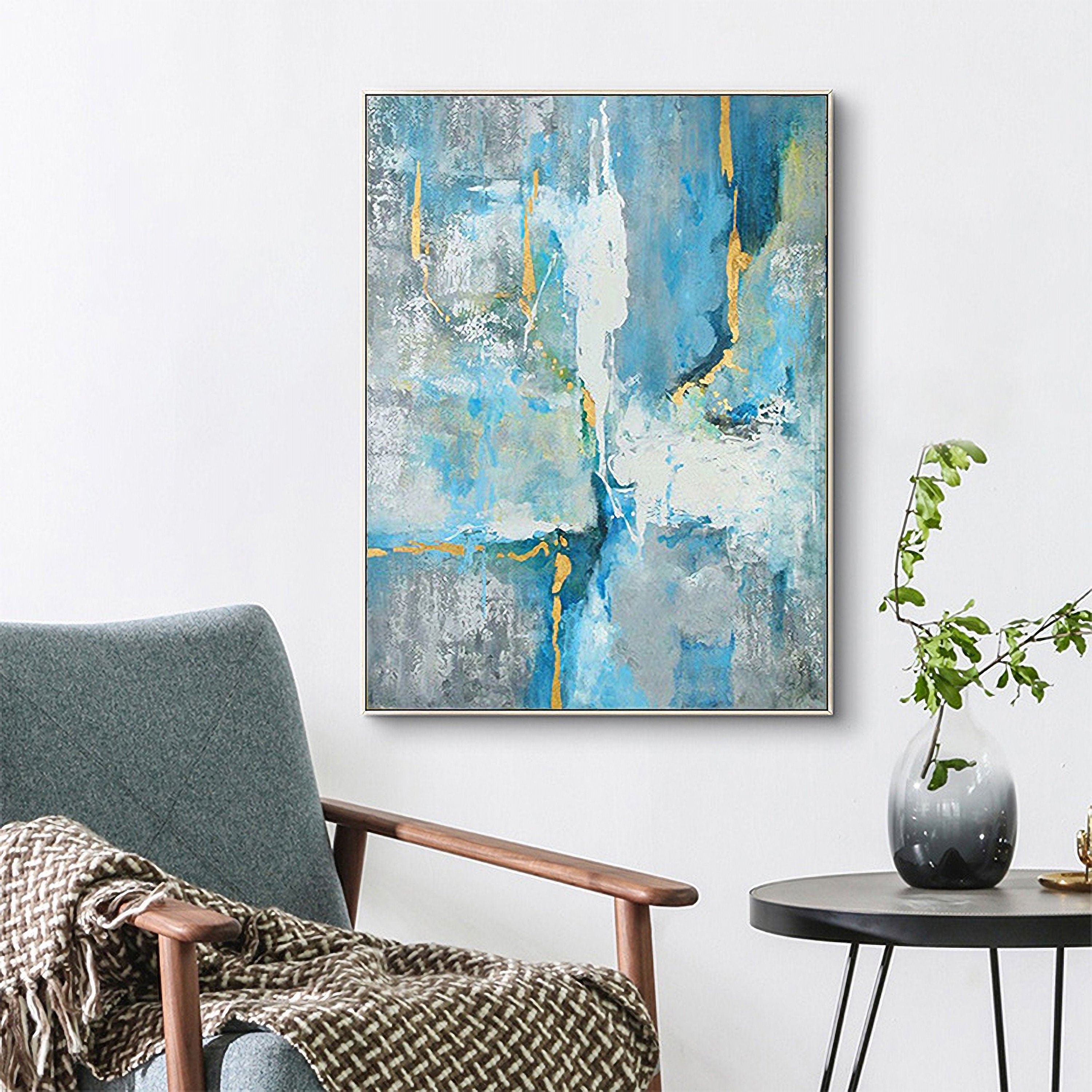 Blue Abstract Painting Wall Art: Modern Picture on Canvas Artwork for Bedroom (24'' x 32'')