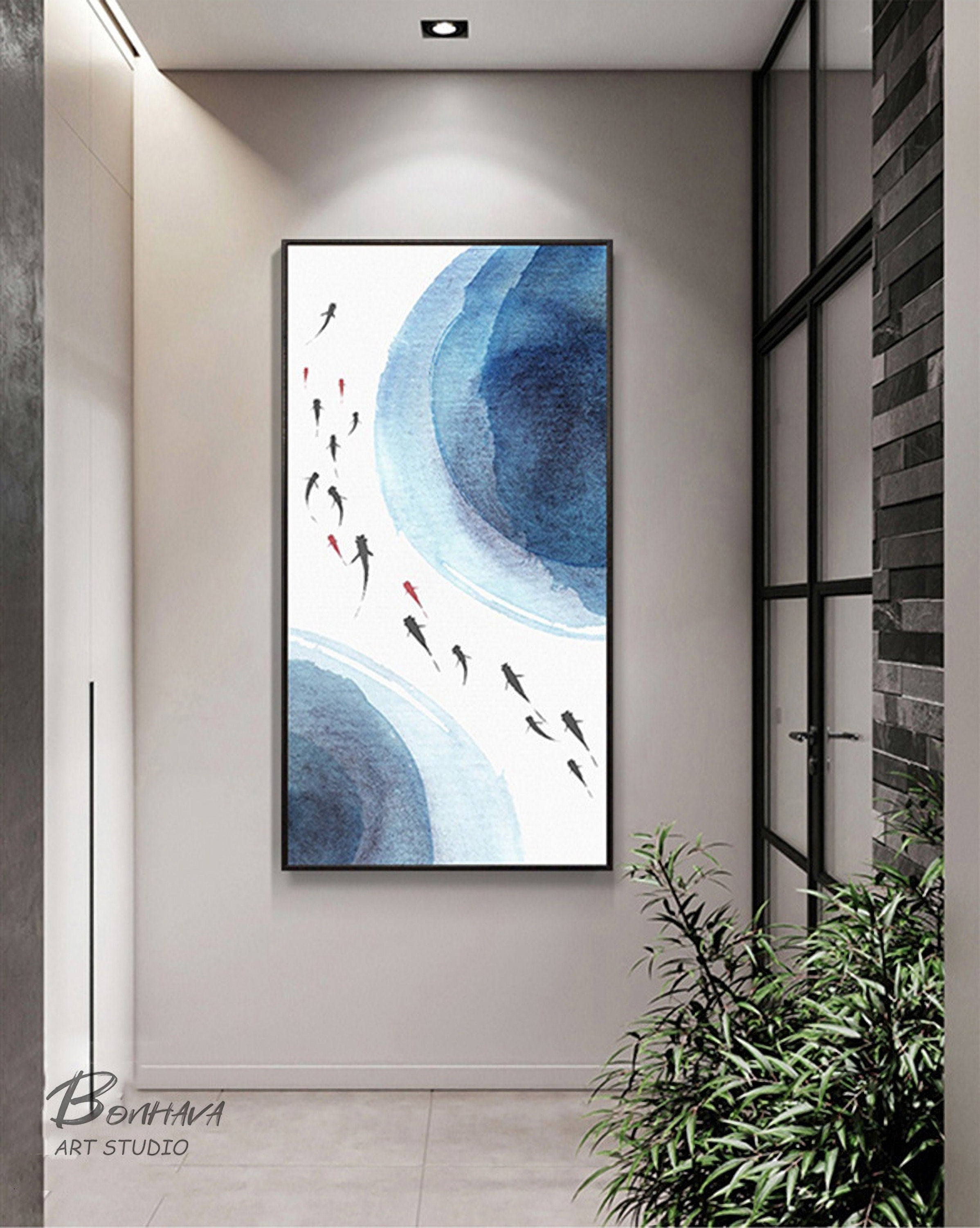 Gold Fish Minimalist Painting, Abstract Painting on Canvas, Original Fish Painting, Gold Fish Wall Decor for Room