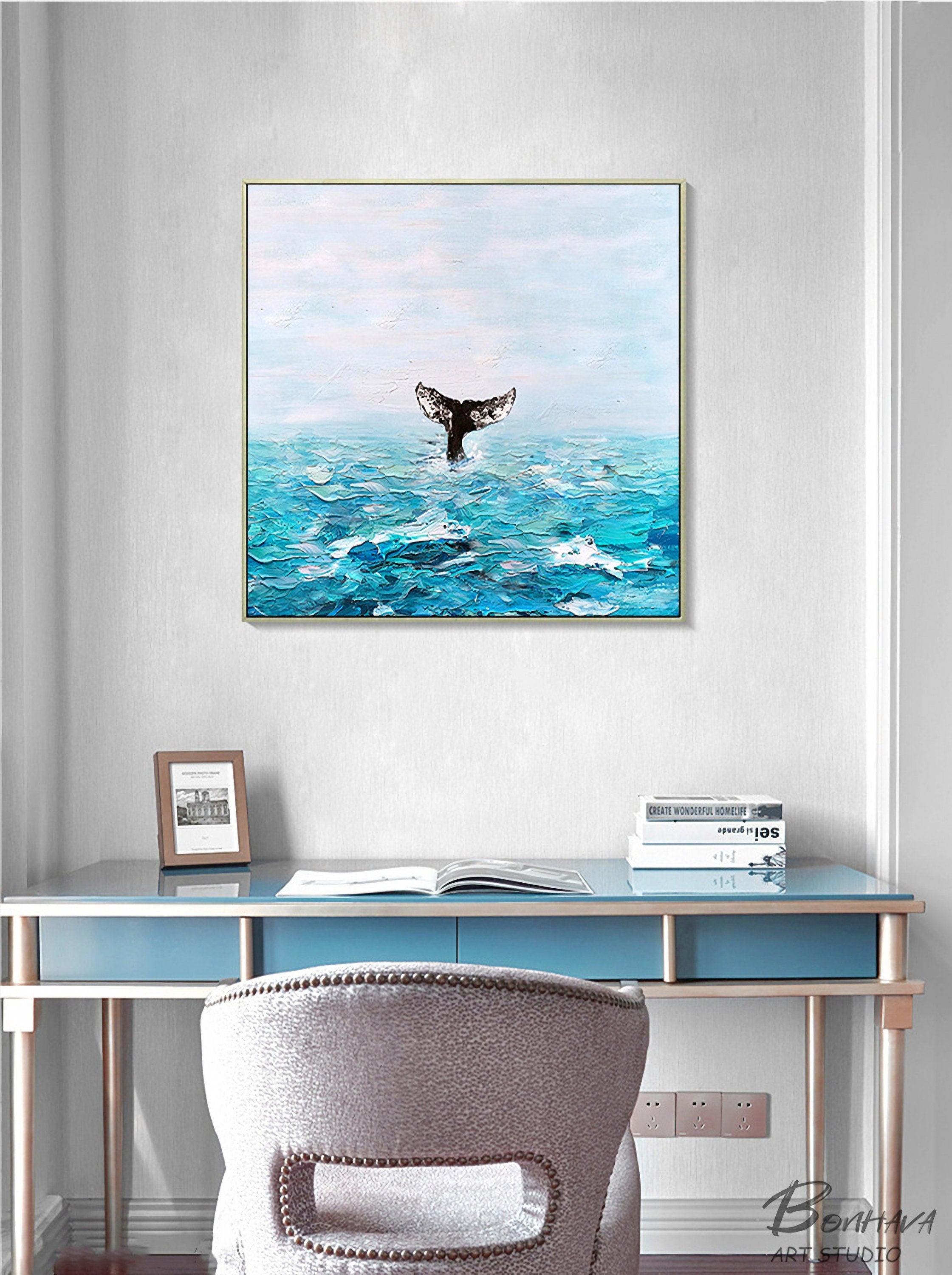 Set of 2 Blue Ocean Painting, Whale and Boat Abstract Painting on Canvas, Seawave Acrylic Painting, Original Seascape Wall…