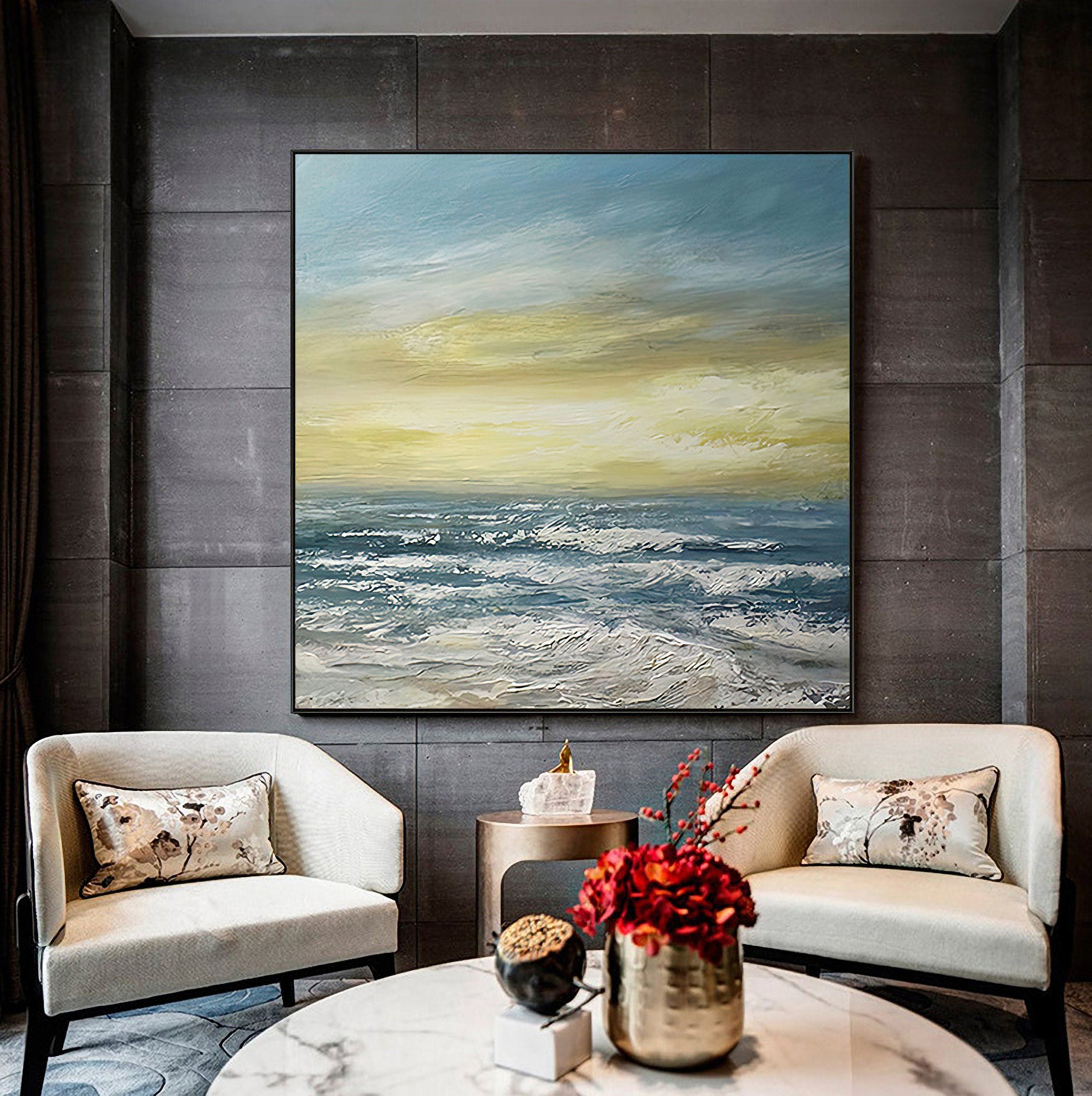 Ocean Wave Canvas Wall Art: Seascape Sunset Artwork Painting on Canvas for Bedroom (24'' x 24'')