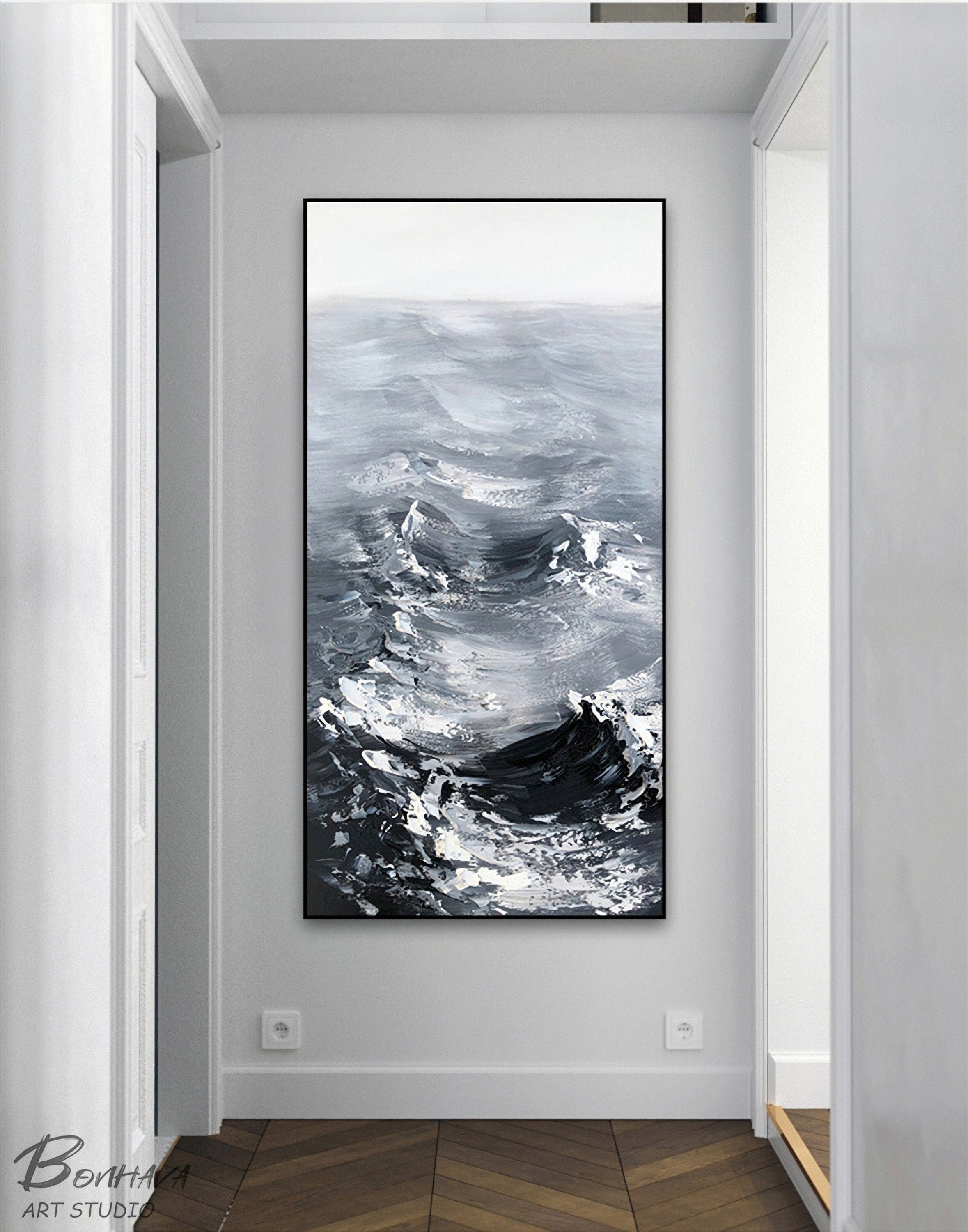 Original Sea Abstract Oil Painting, Waves Texture Painting, Large White and Black Painting, Large Ocean Canvas Painting