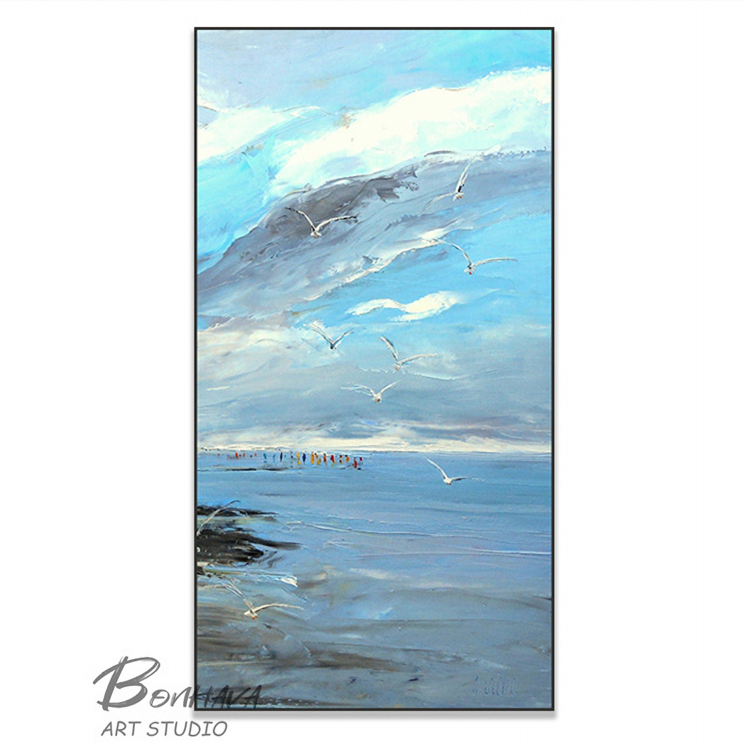 Large Blue Sky And Sea Abstract Painting, Beach Texture Painting, Ocean Canvas Painting, Seagull Oil Painting, Seascape…