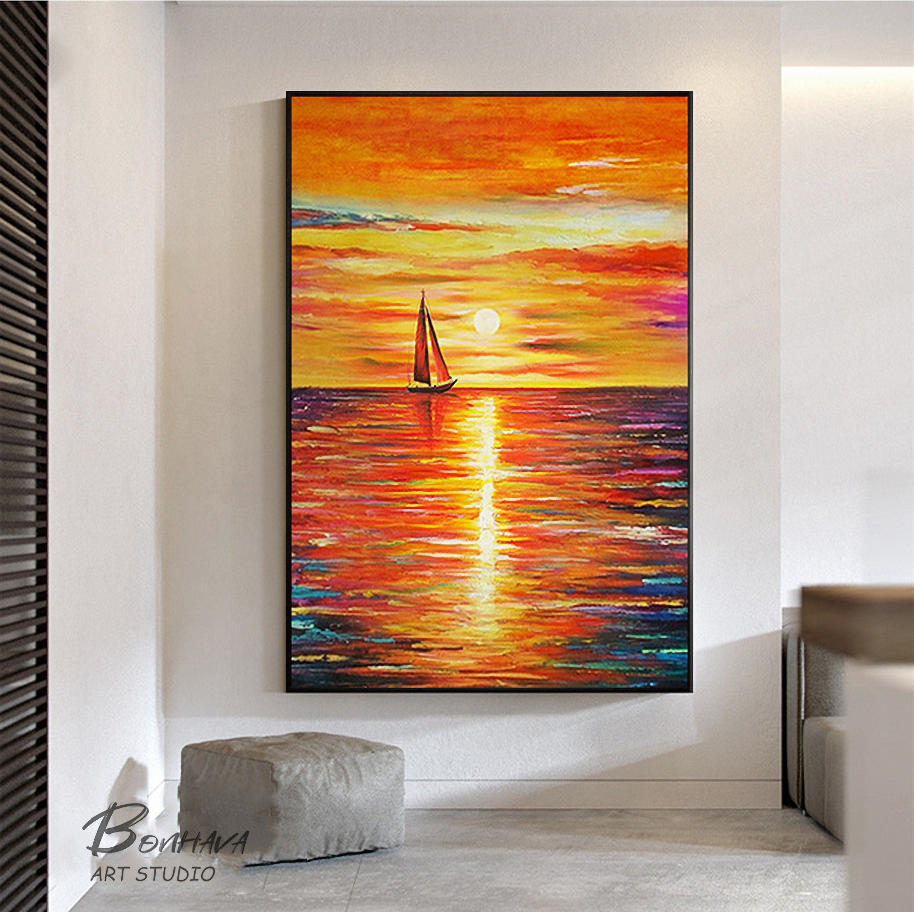 Sunset Abstract Painting, Sky Abstract Painting On Canvas, Orange Sunset Painting, Sea Abstract Canvas Wall Art