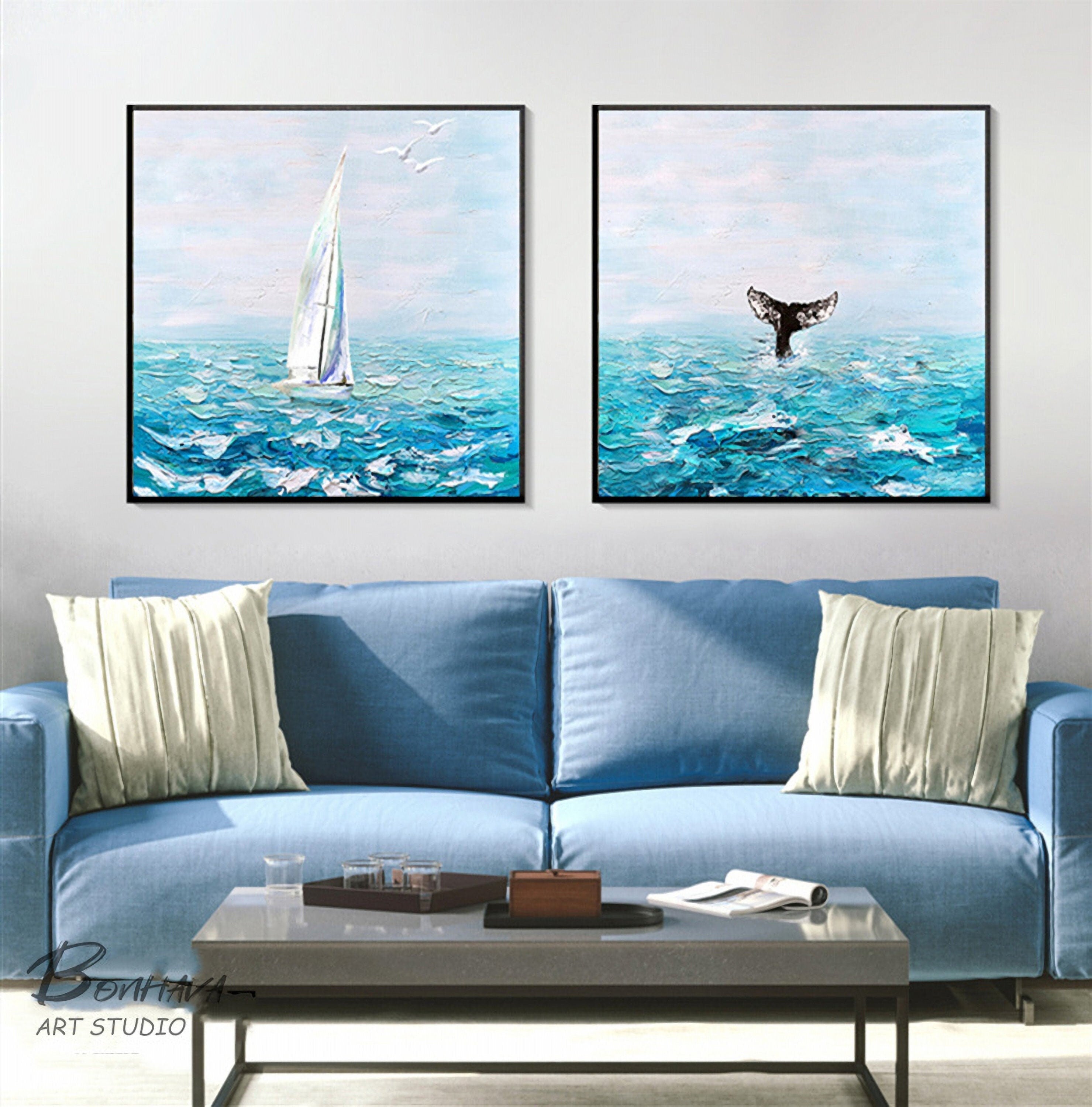 Set of 2 Blue Ocean Painting, Whale and Boat Abstract Painting on Canvas, Seawave Acrylic Painting, Original Seascape Wall…