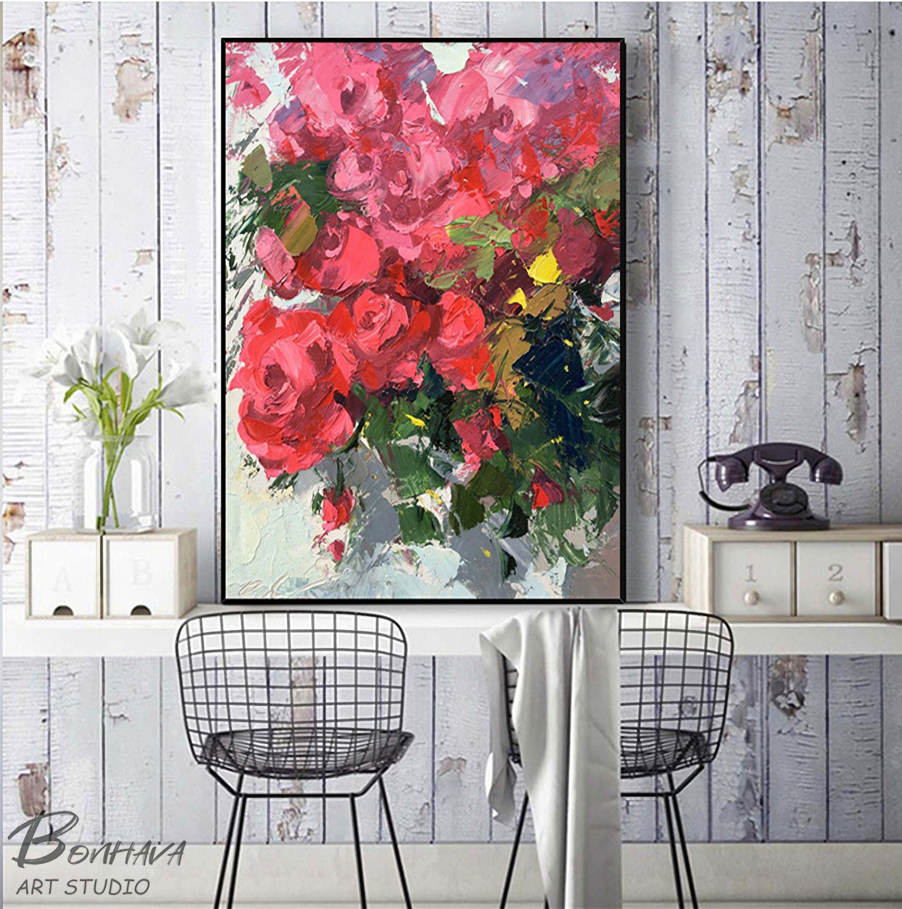 Abstract Rose Flower Canvas Painting, Hand Painted Textured Colorful Floral Artwork, Wall Art for Bedroom