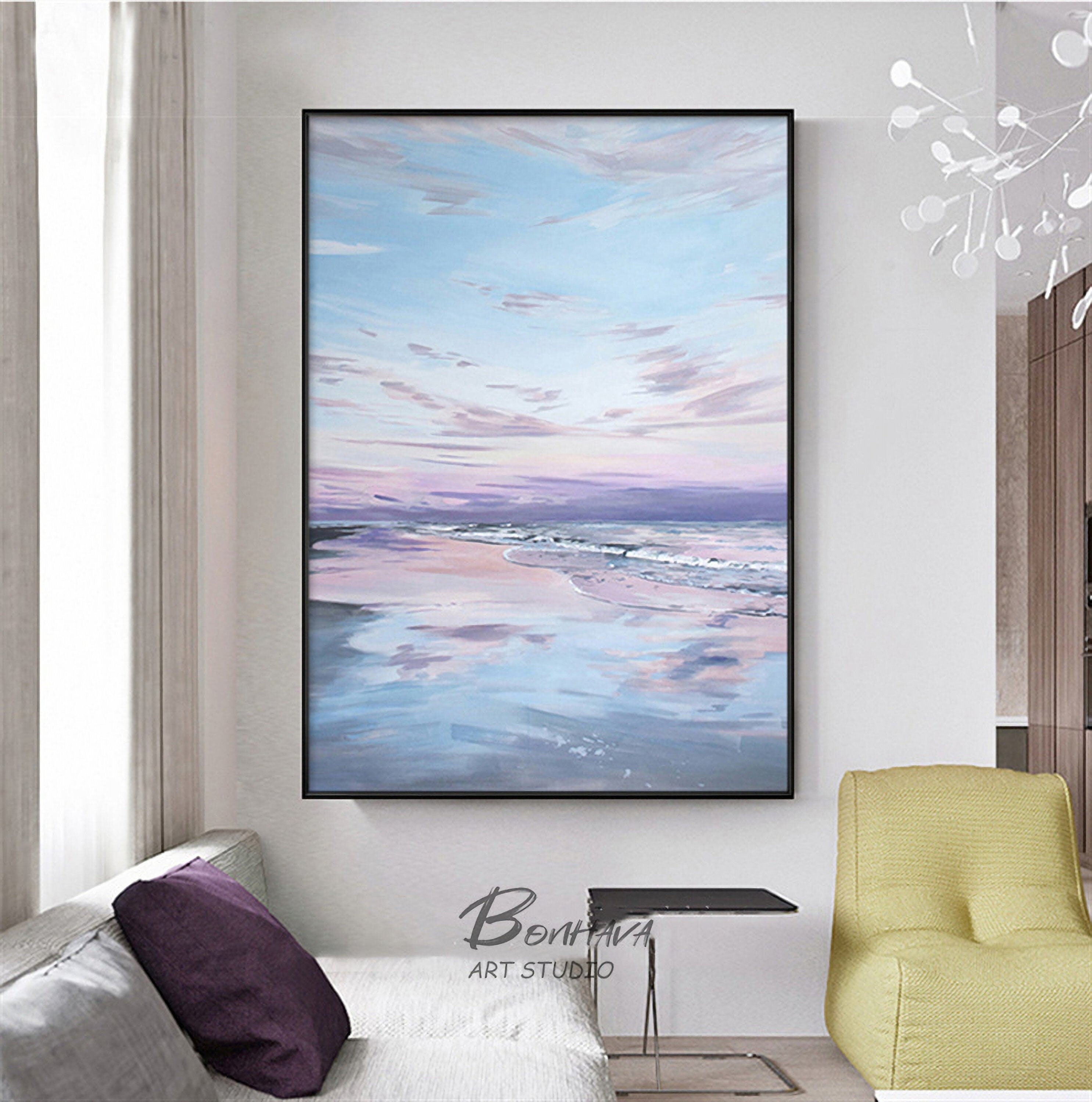 Clouds in The Sky Wall Art, Sea and Sky Oil Painting, Abstract Seascape Canvas Painting
