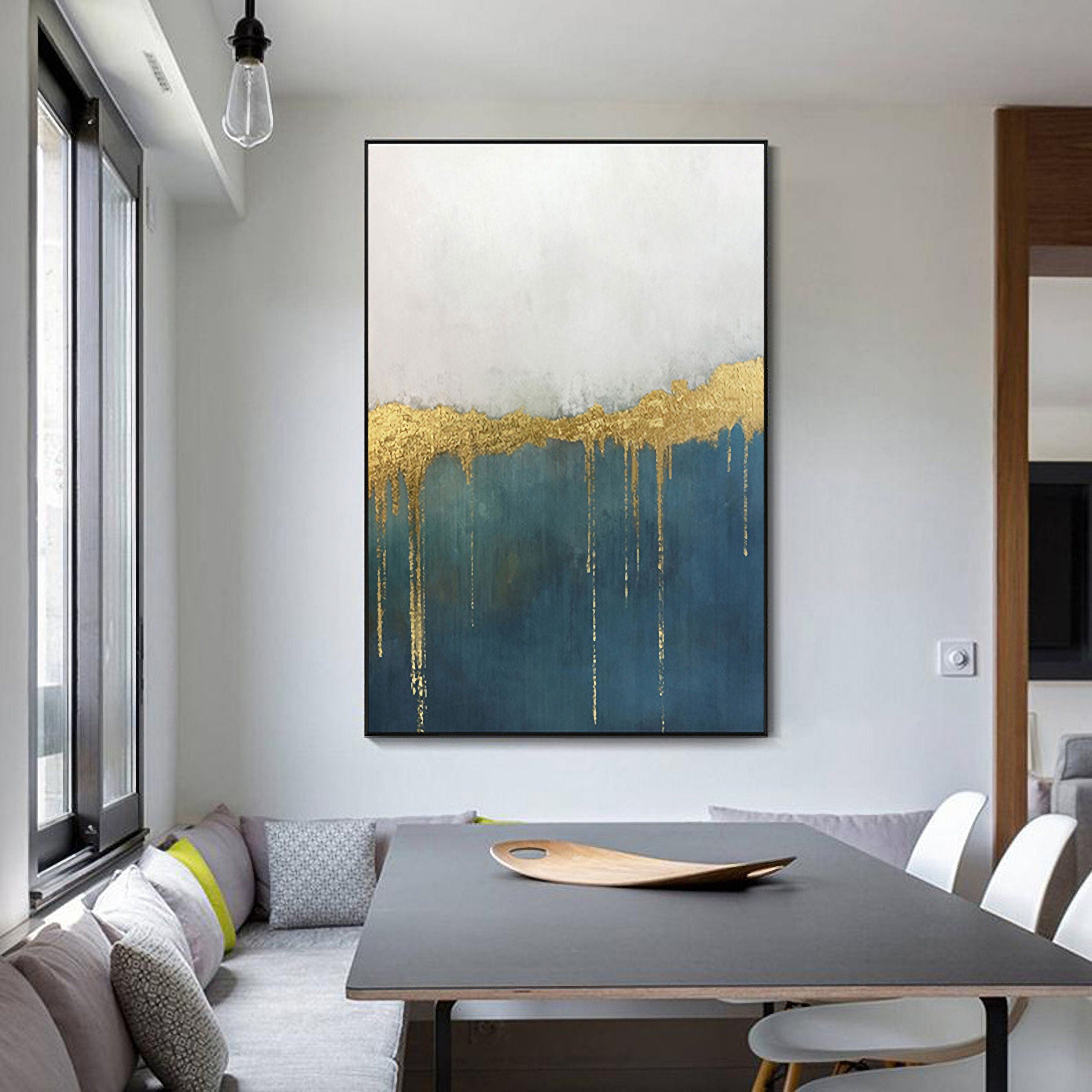 Canvas Painting Wall Art Abstract: Heavy Textured Hand Painted Blue & Gold Foils Picture Artwork for Living Room (32” x…