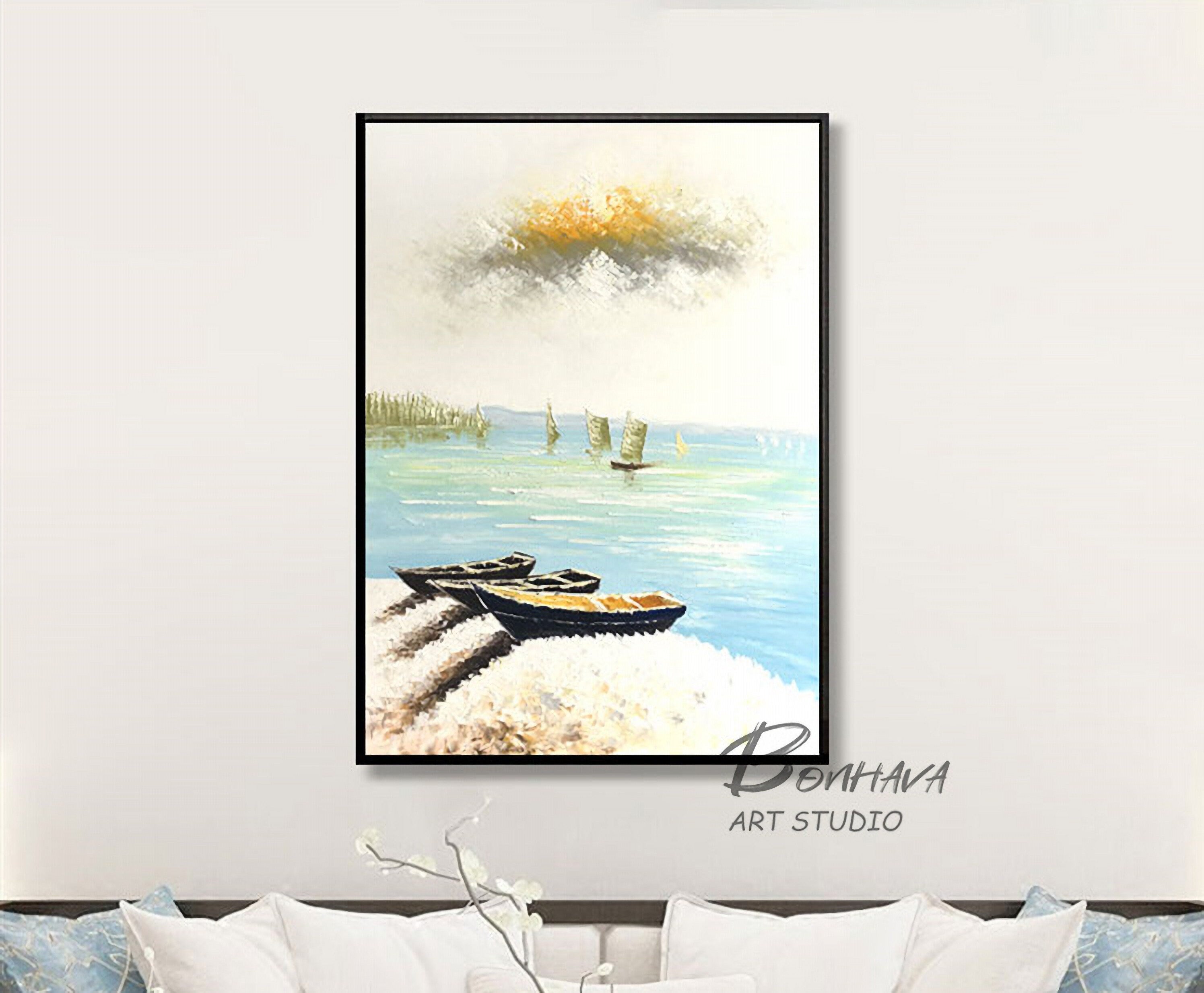 Boat Paintings Canvas Wall Art Landscape Resting Fishing Boats Wall Decor for Living Room Bedroom 20x28 Inch