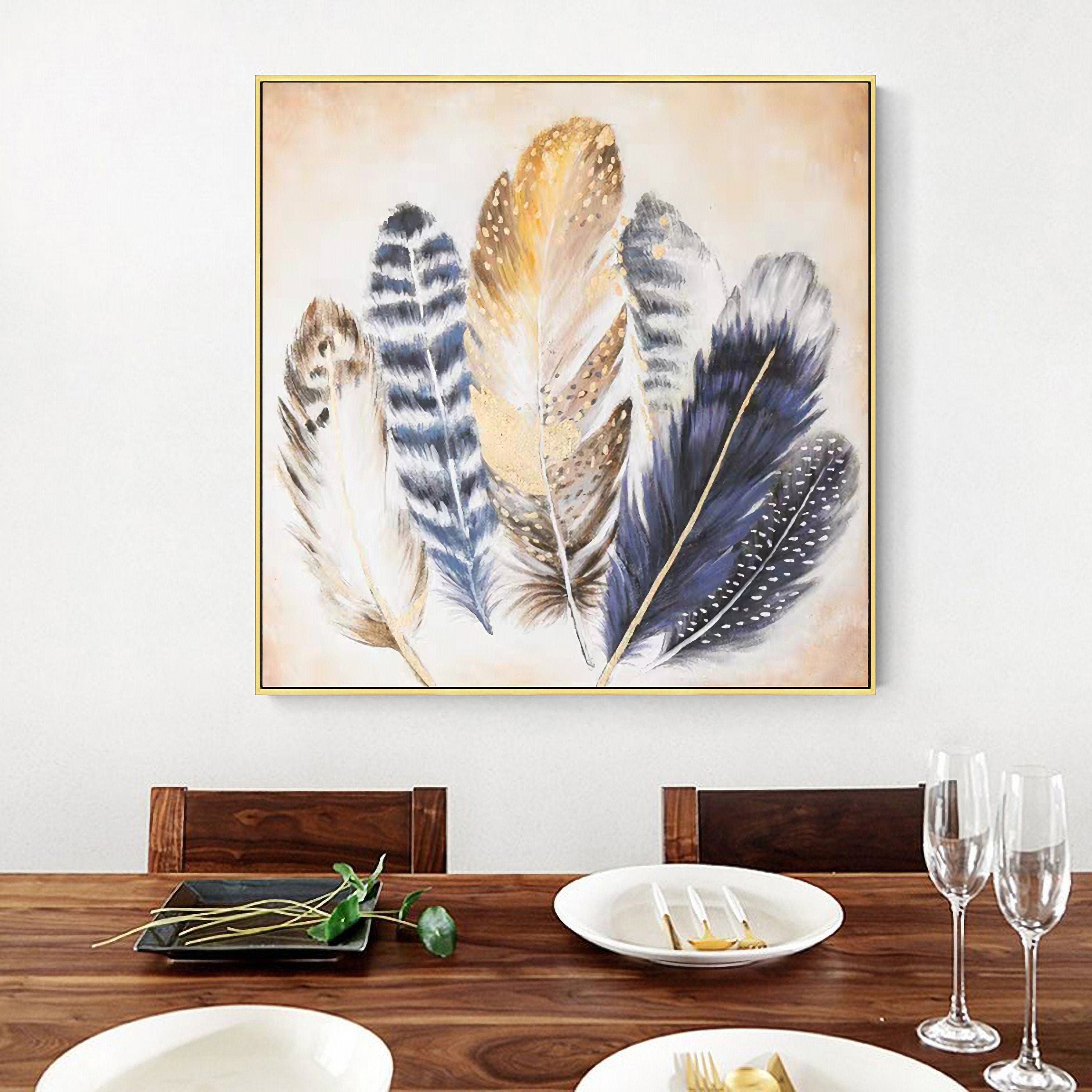 Feather Canvas Wall Art for Living Room Bedroom Modern Artwork Blue Animal Feather Painting Wall Decor for Home Office…