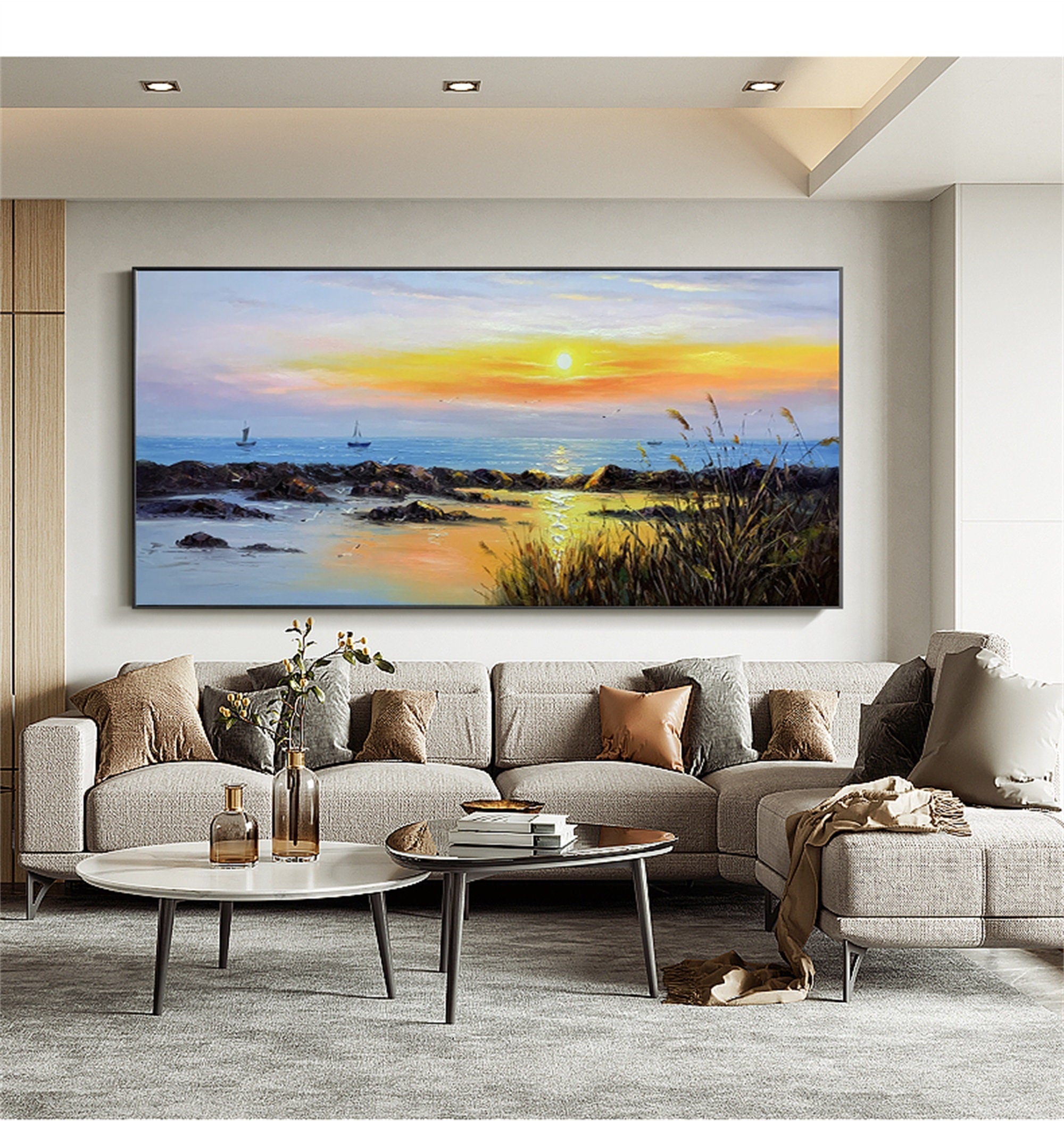 Pure hand painted oil painting living room sofa background wall decoration painting thick oil knife painting sunrise mural