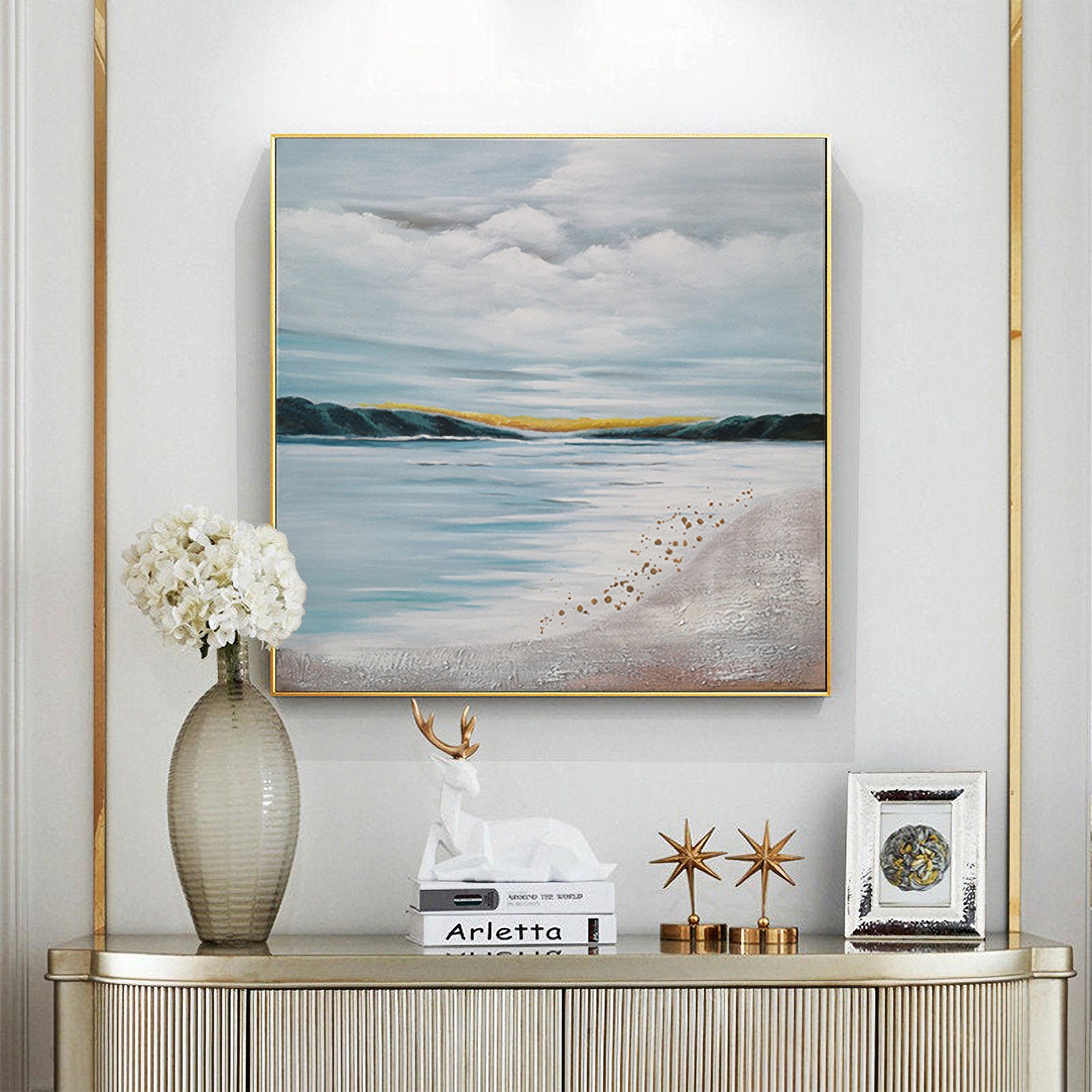 Ocean Wall Art Abstract Beach Painting, Coastal Wall Decor, Blue Seascape Painting for Living Room, Canvas Painting