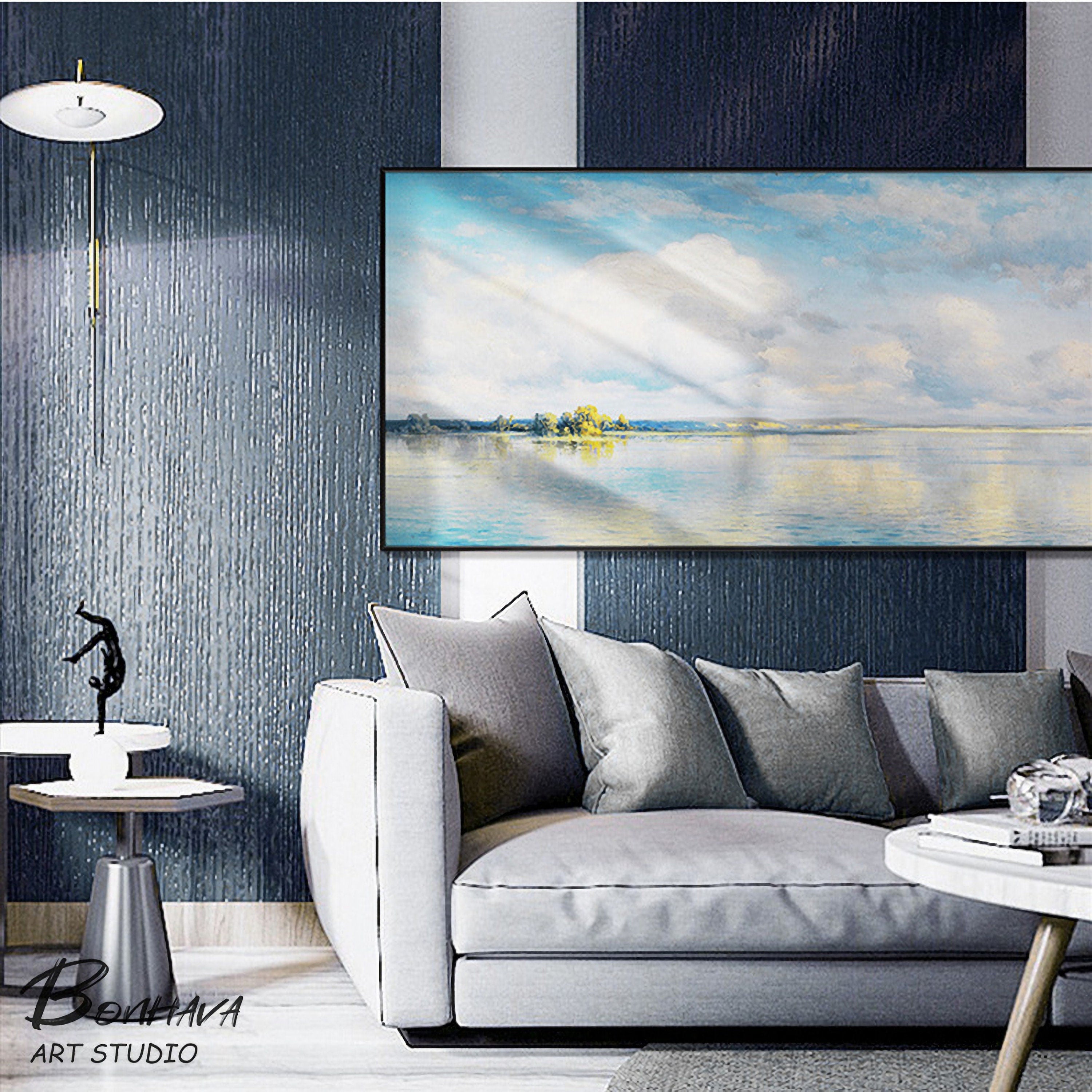 Abstract Canvas Wall Art Oil Painting Blue Sky Lake Natural Landscape 16"x32"