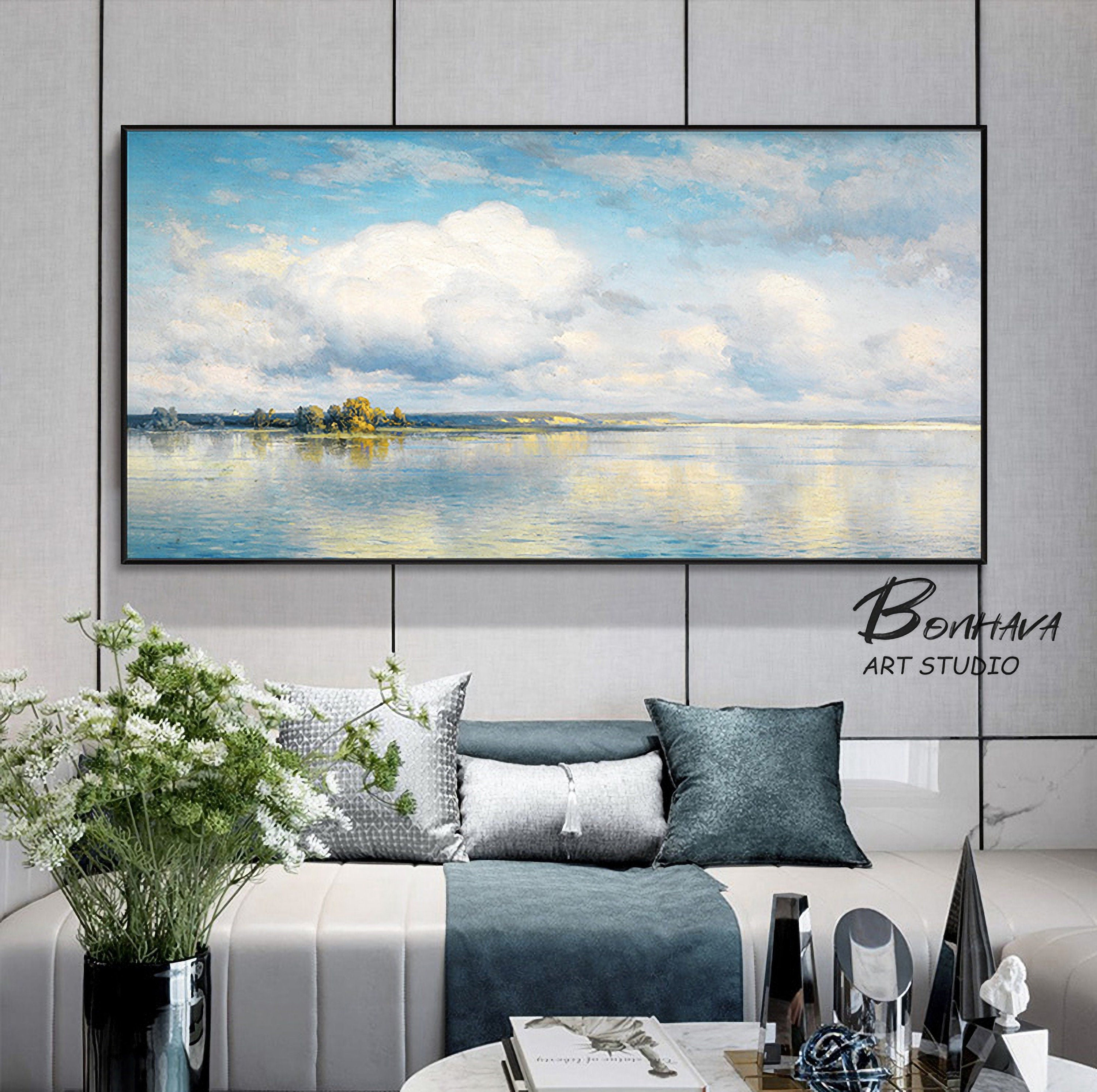 Abstract Canvas Wall Art Oil Painting Blue Sky Lake Natural Landscape 16"x32"