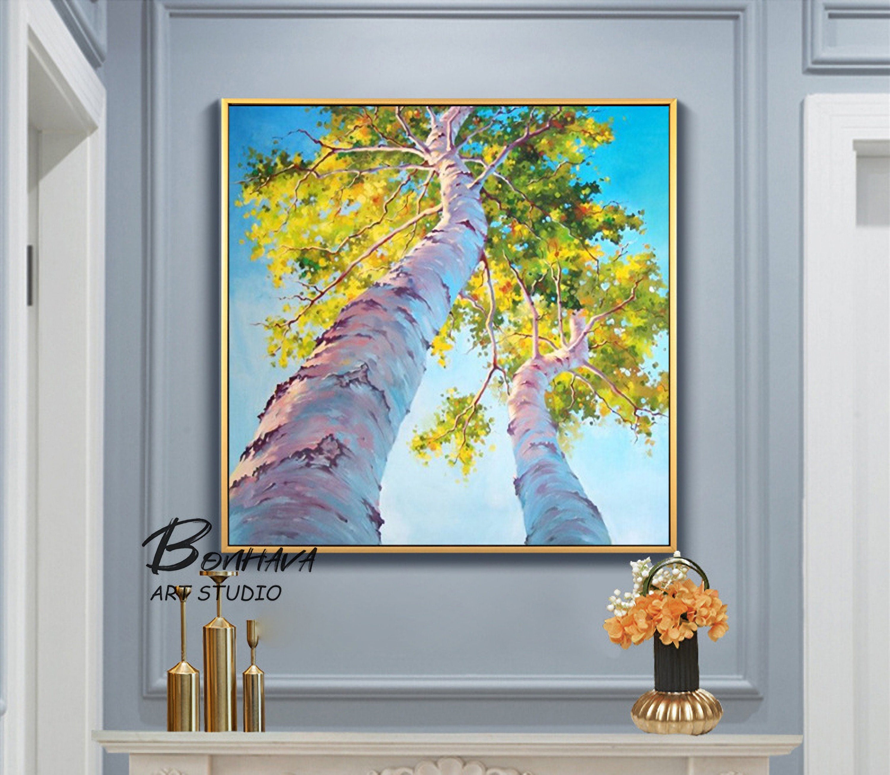 Tree Painting Abstract Wall Art: Green Birch Trees Painting Forest Landscape Artwork for Living Room (24” x 24'')