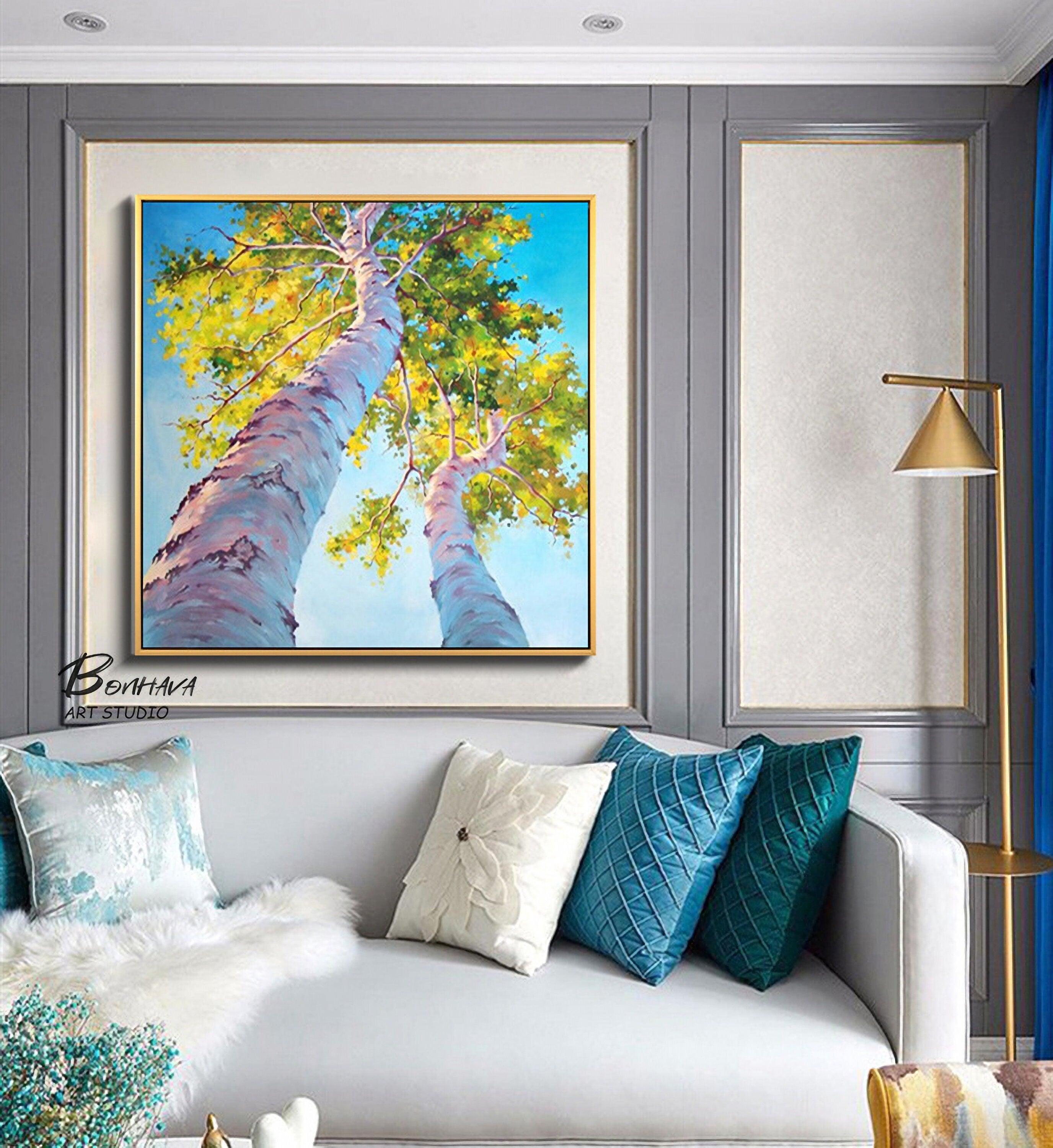 Tree Painting Abstract Wall Art: Green Birch Trees Painting Forest Landscape Artwork for Living Room (24” x 24'')