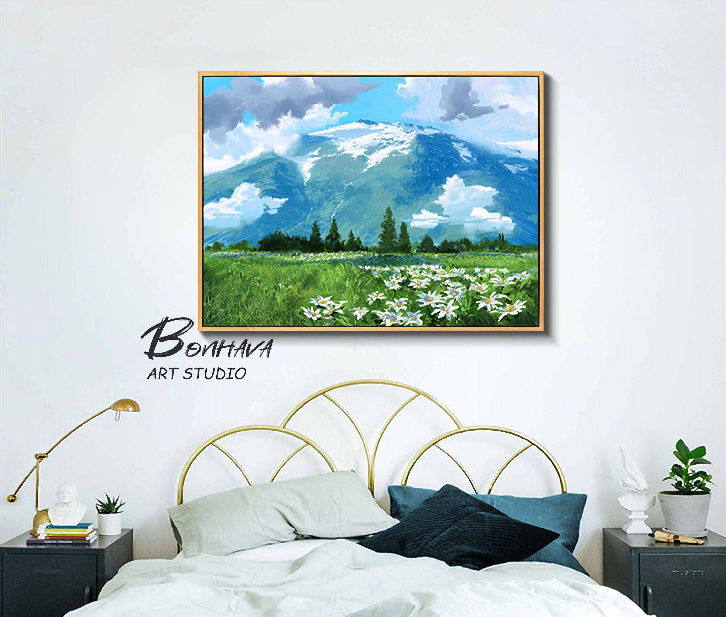 Mountain Painting Canvas Wall Art: Abstract Landscape Artwork Hand Painted on Canvas for Living Room (24” x 36”)