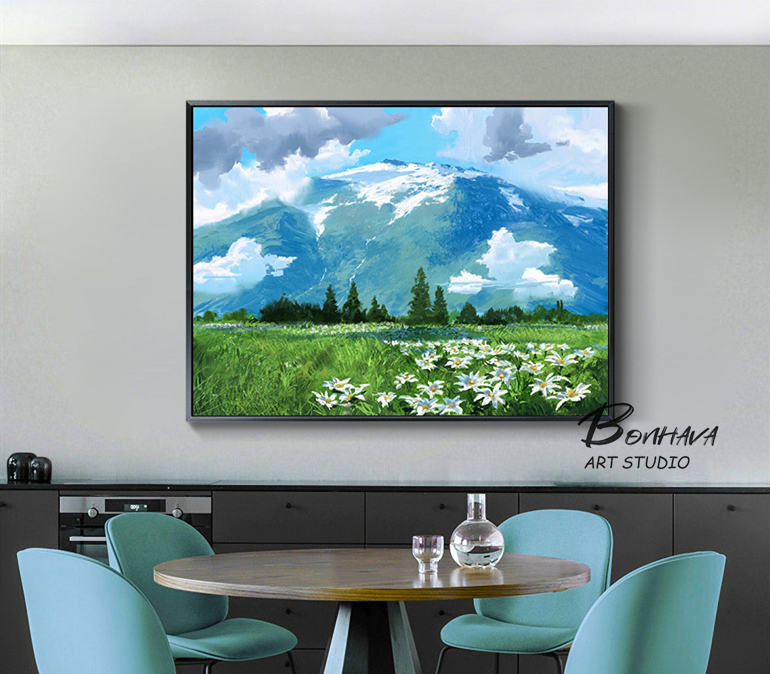 Mountain Painting Canvas Wall Art: Abstract Landscape Artwork Hand Painted on Canvas for Living Room (24” x 36”)