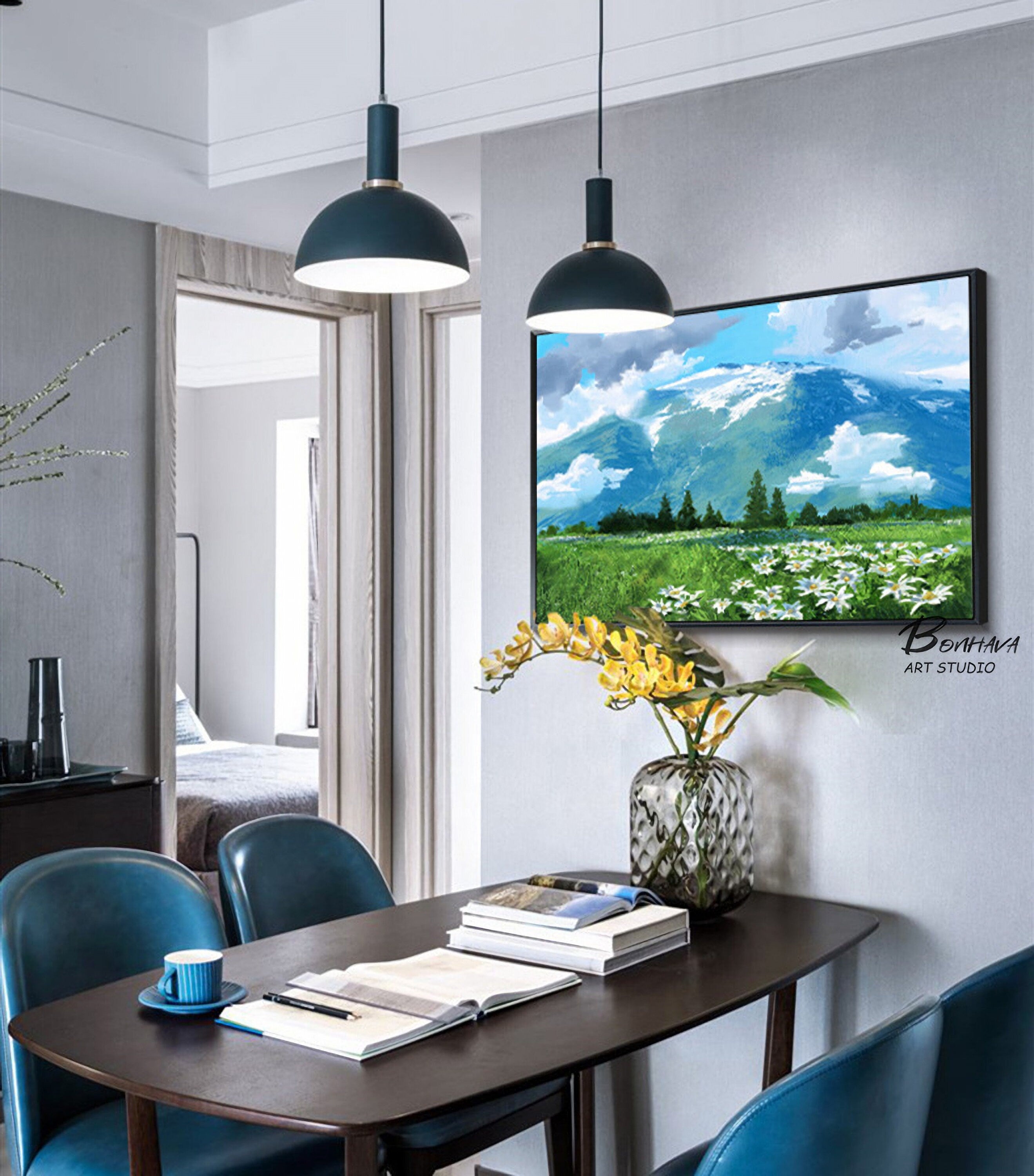 Mountain Painting Canvas Wall Art: Abstract Landscape Artwork Hand Painted on Canvas for Living Room (24” x 36”)