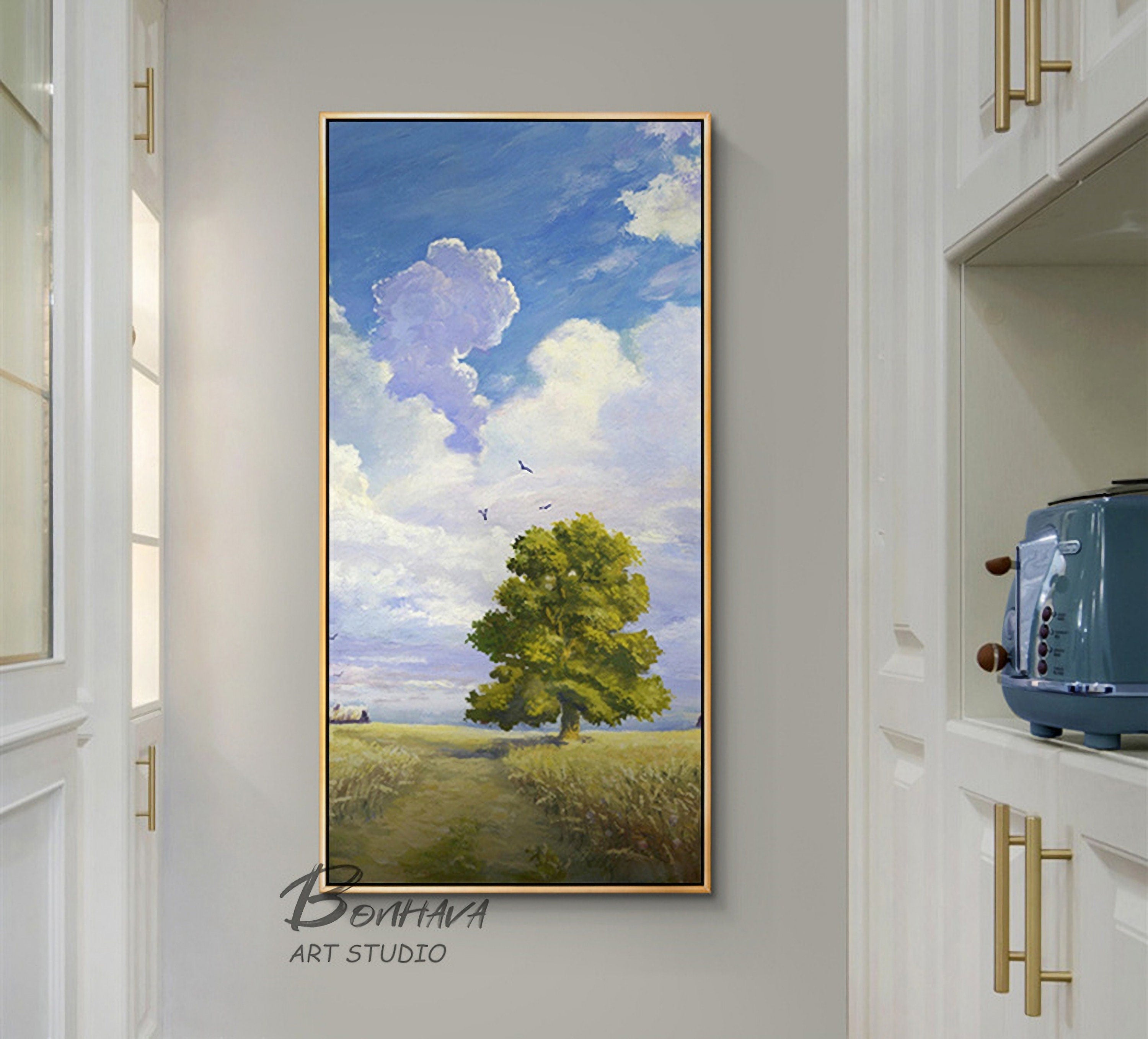 Landscape Oil Painting Original Art Sky and Tree Painting for Living Room Wall Canvas Painting (20''x40'')