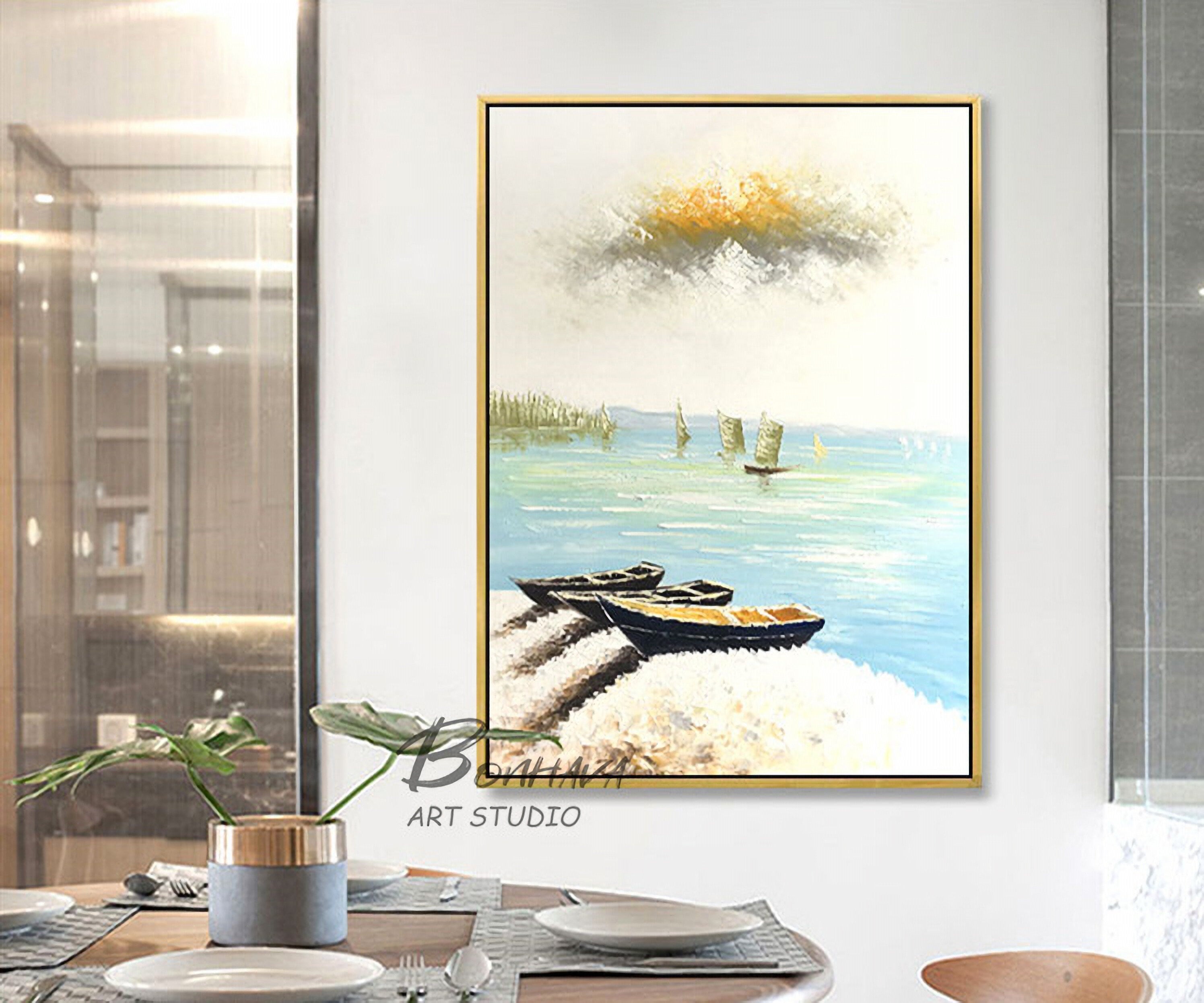 Boat Paintings Canvas Wall Art Landscape Resting Fishing Boats Wall Decor for Living Room Bedroom 20x28 Inch