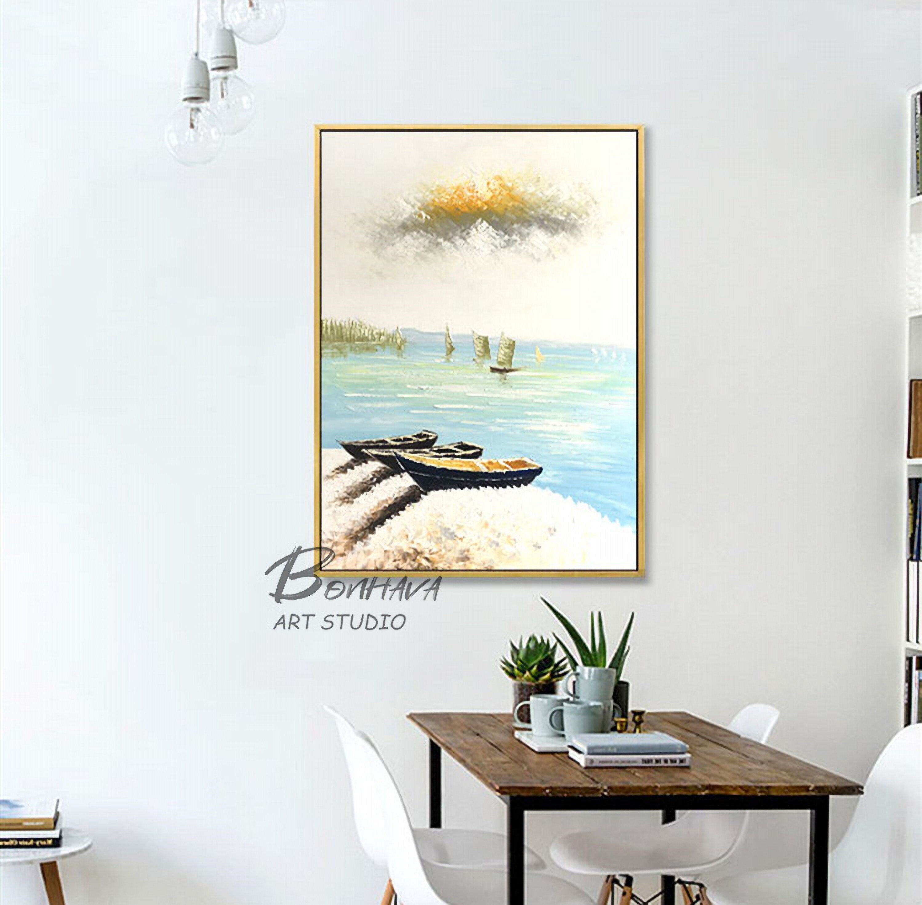 Boat Paintings Canvas Wall Art Landscape Resting Fishing Boats Wall Decor for Living Room Bedroom 20x28 Inch