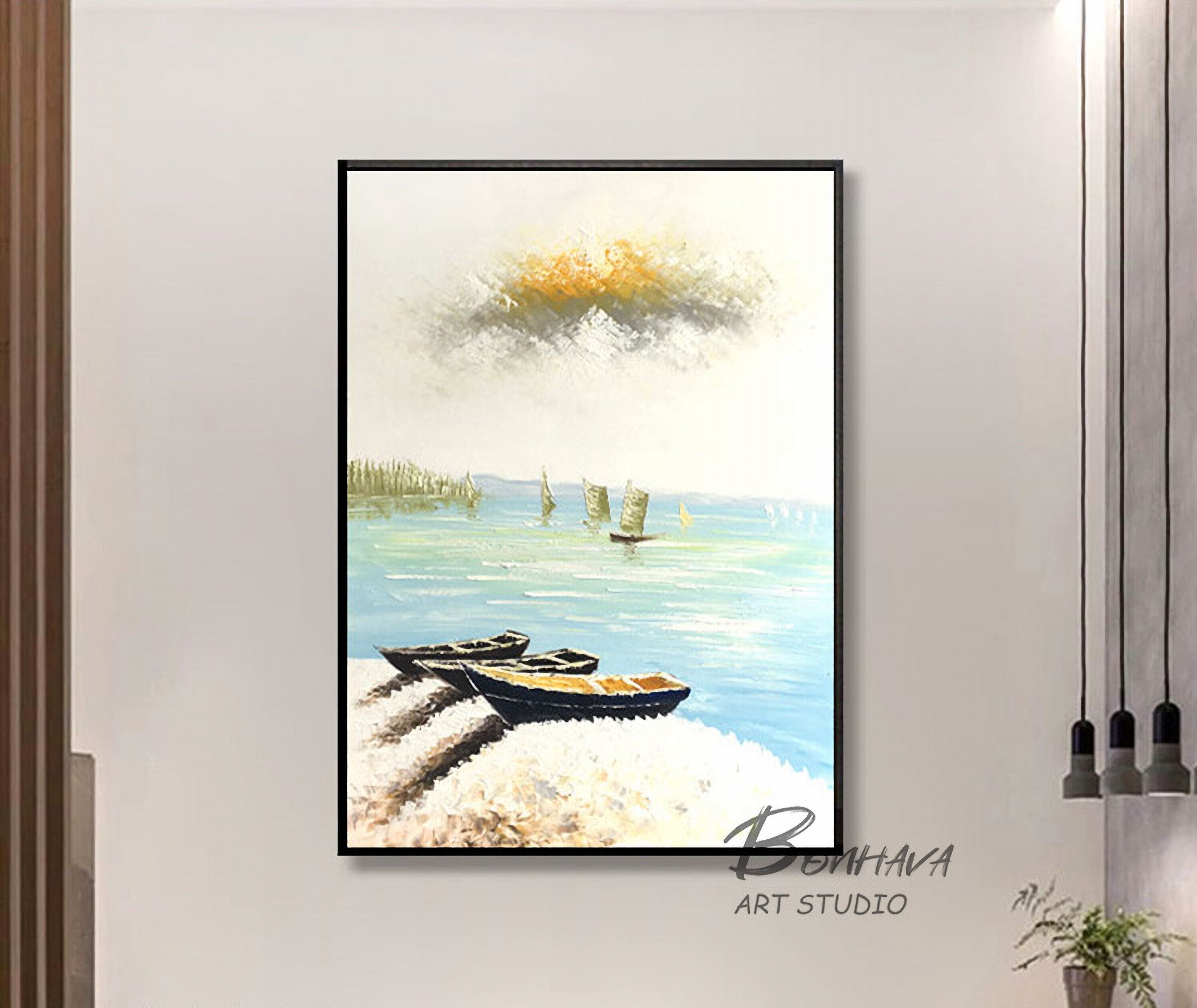 Boat Paintings Canvas Wall Art Landscape Resting Fishing Boats Wall Decor for Living Room Bedroom 20x28 Inch