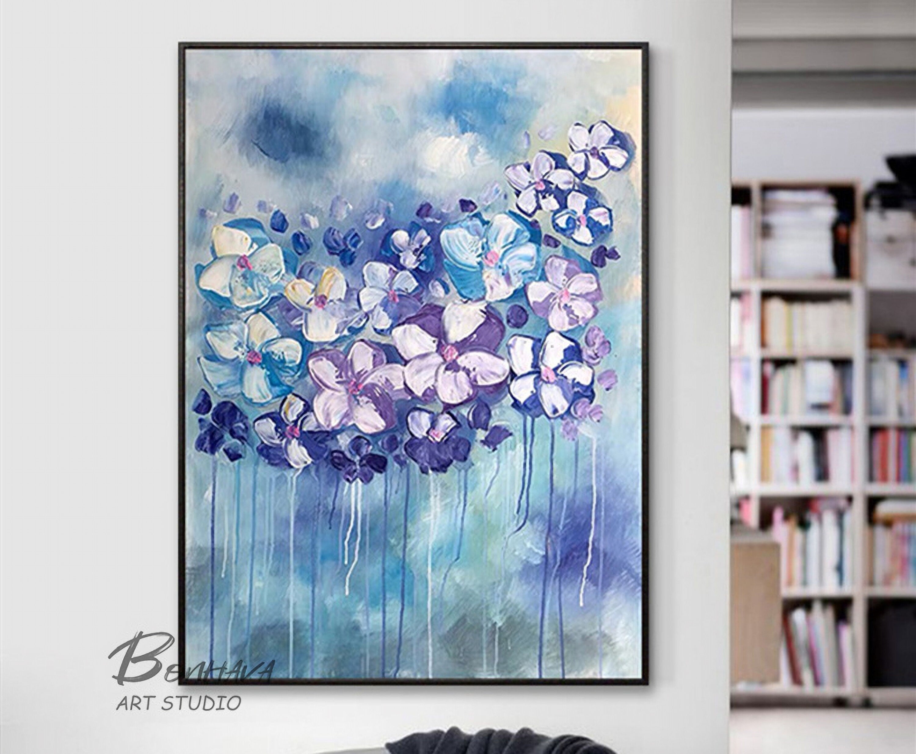 Canvas Wall Art Full Bloosm Flowers Painting Blue Florals Painting, 20"x28" Botanical for Bedroom Living Room