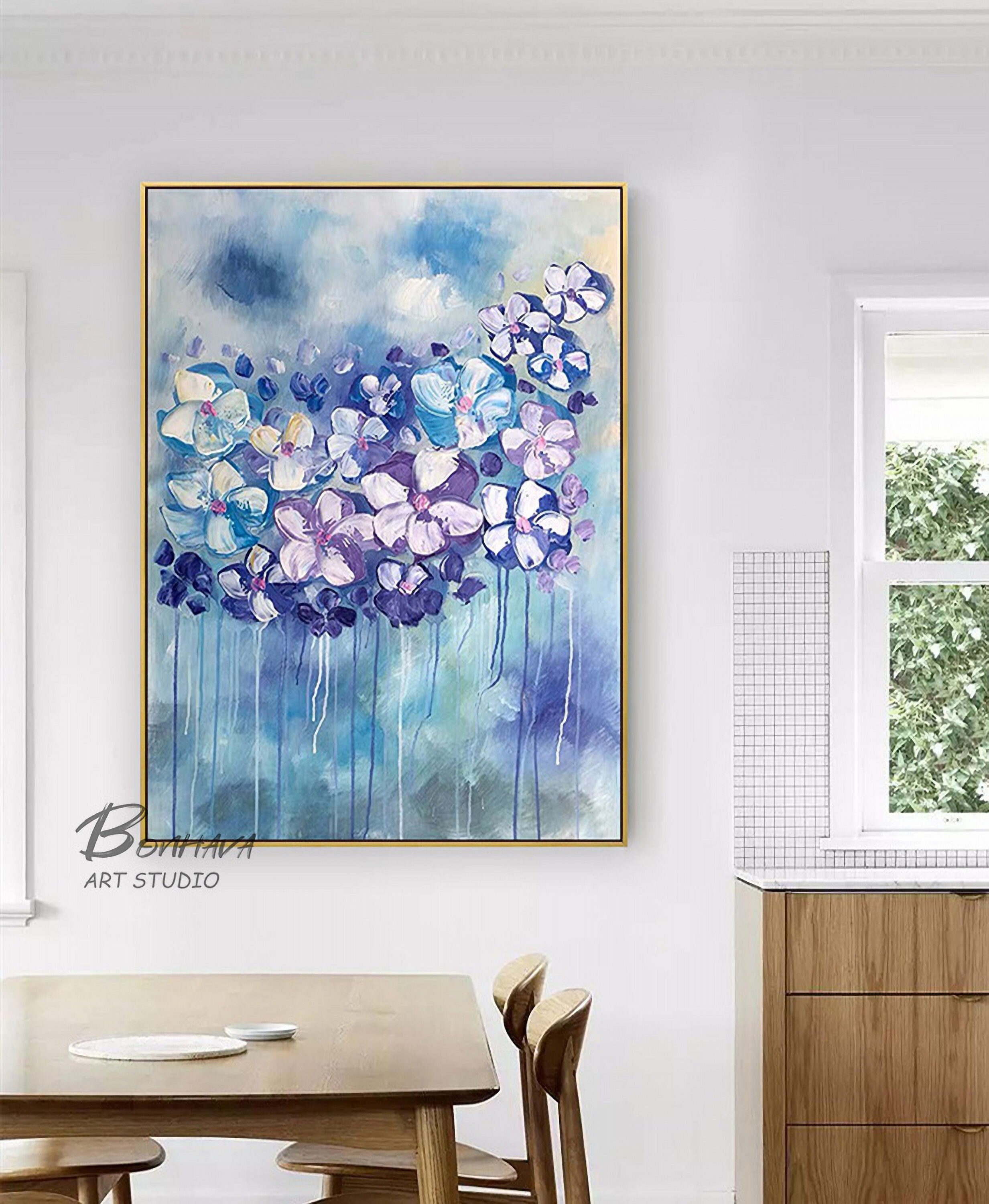 Canvas Wall Art Full Bloosm Flowers Painting Blue Florals Painting, 20"x28" Botanical for Bedroom Living Room