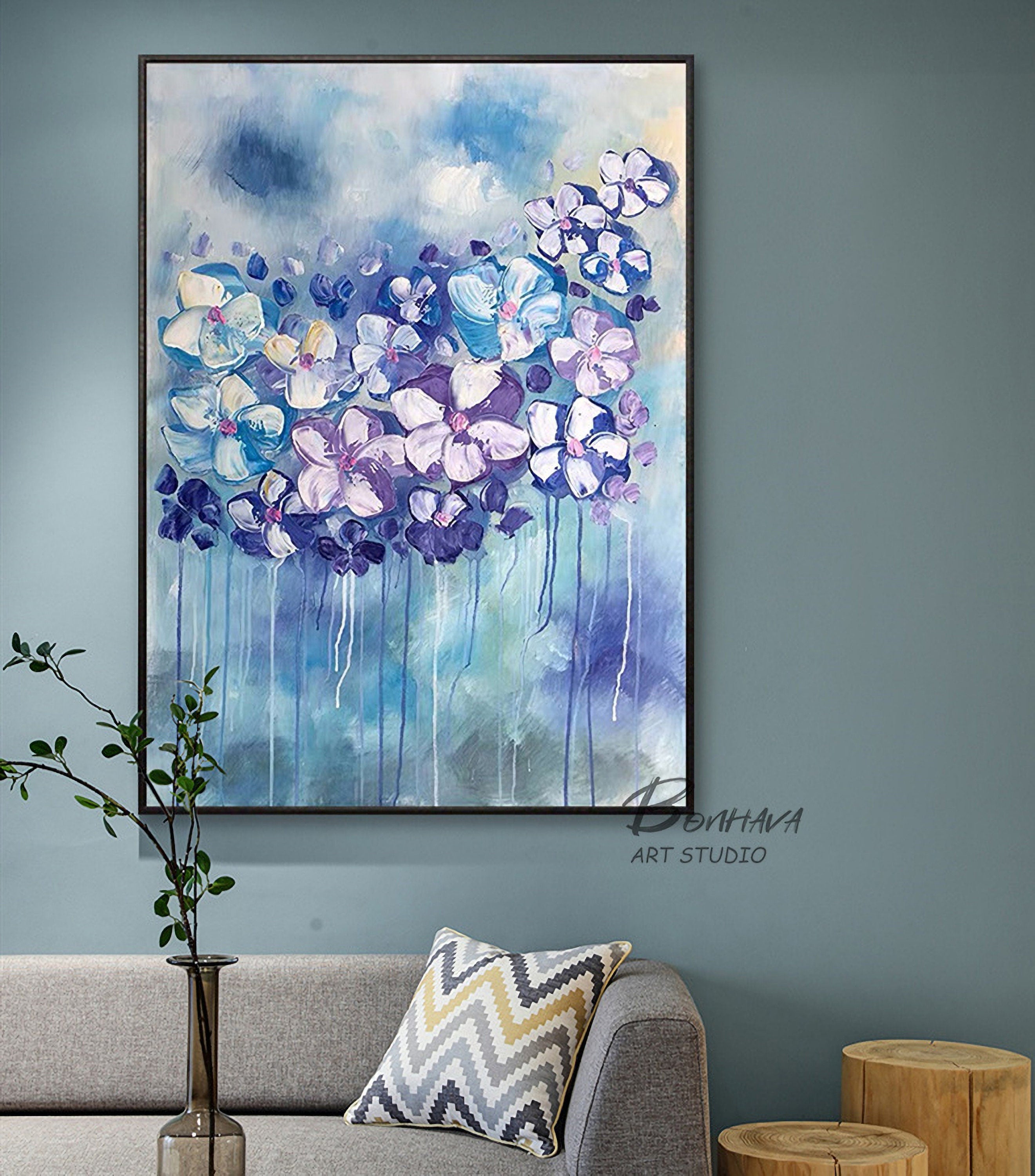 Canvas Wall Art Full Bloosm Flowers Painting Blue Florals Painting, 20"x28" Botanical for Bedroom Living Room