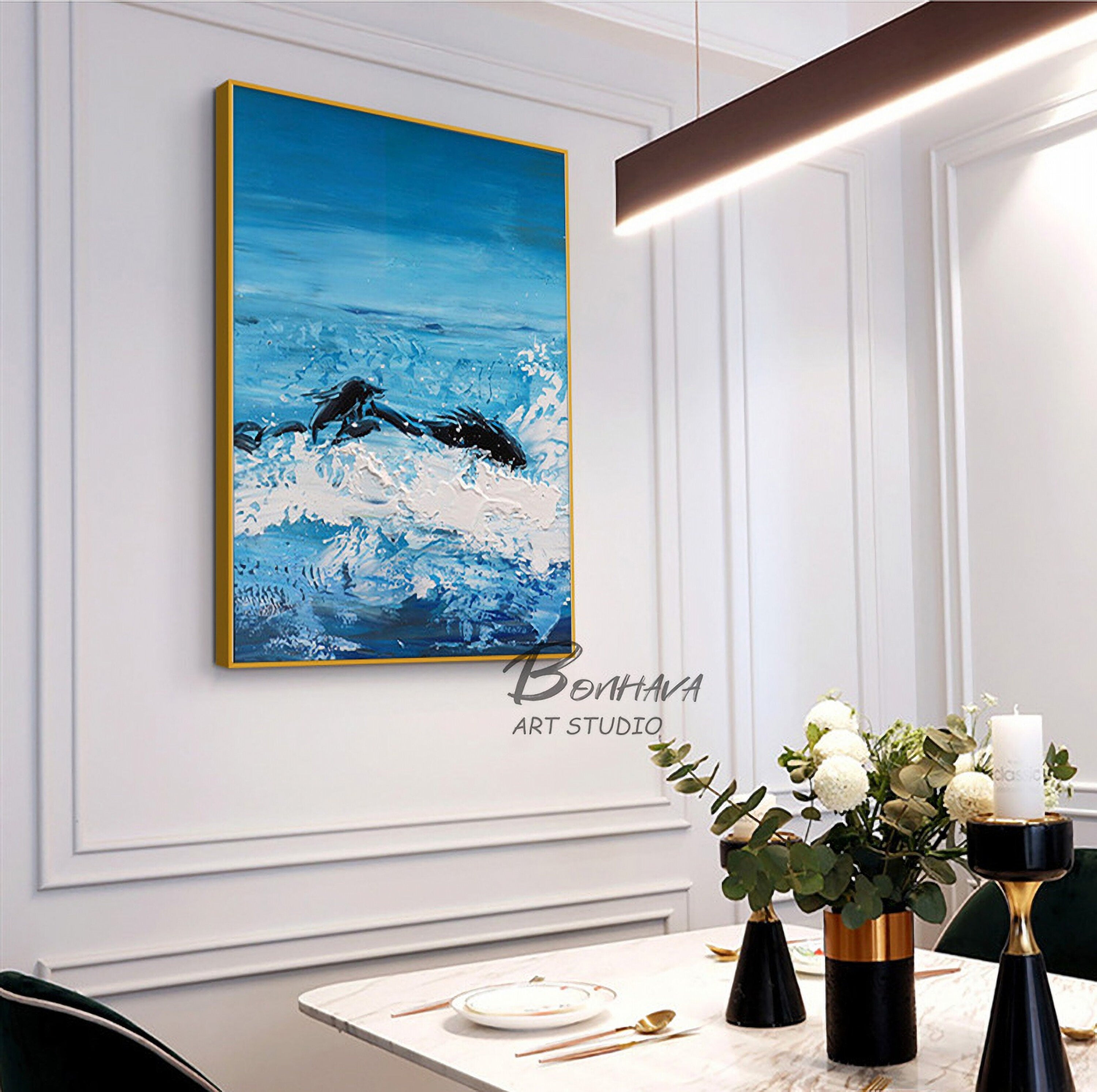 Blue Wave Seascape Wall Art Decor Abstract Canvas Painting Hand-Painted Oil Painting for Home Living Dining Room…