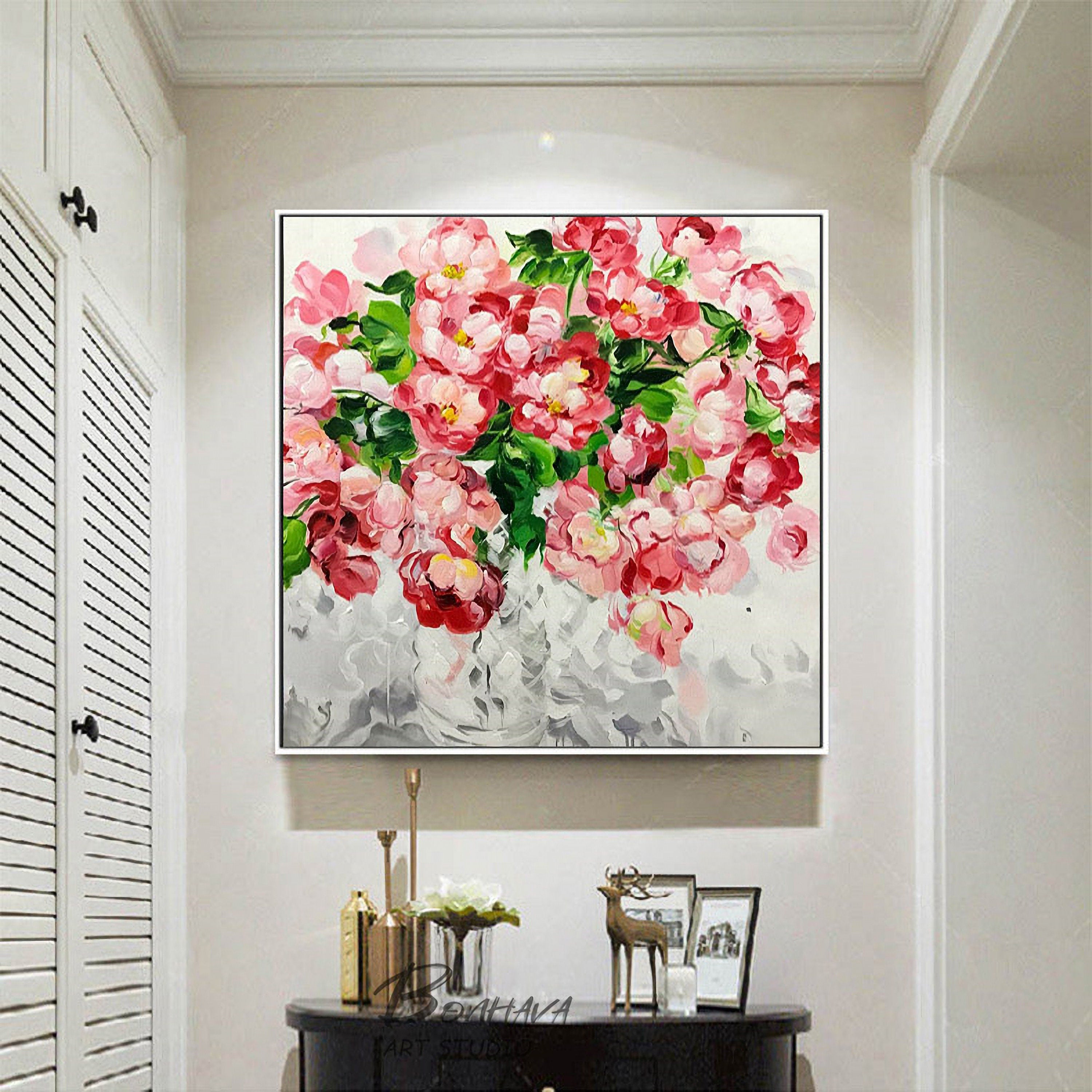Floral Painting Canvas Artwork: Pink Rose Flower Oil Painting Wall Art on Canvas for Bathroom (24'' x 24'' )