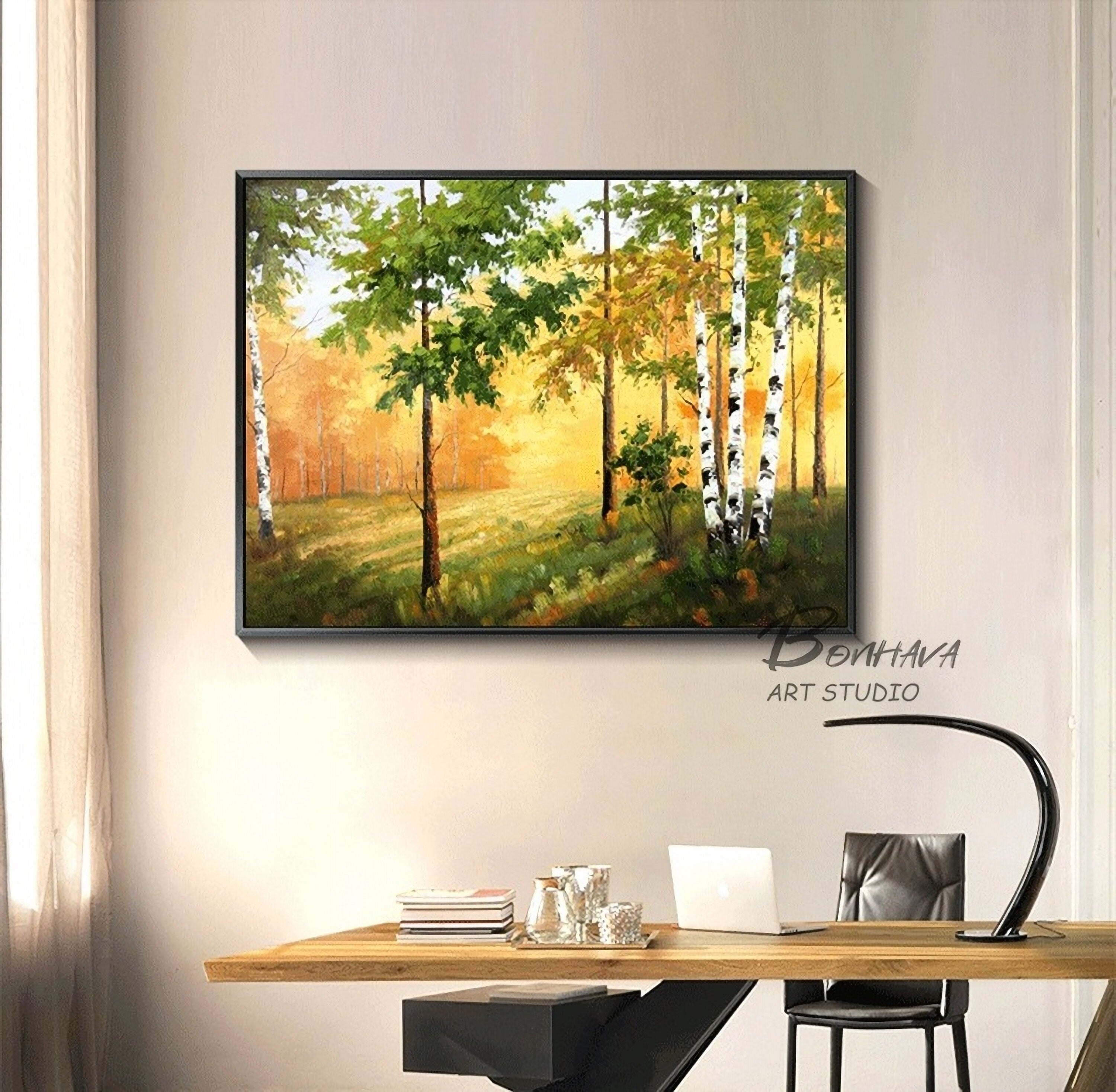 Hand-Painted Forest Wall Art Painting: Green Trees Artwork Landscape Canvas Picture for Wall (28'' x 36'')