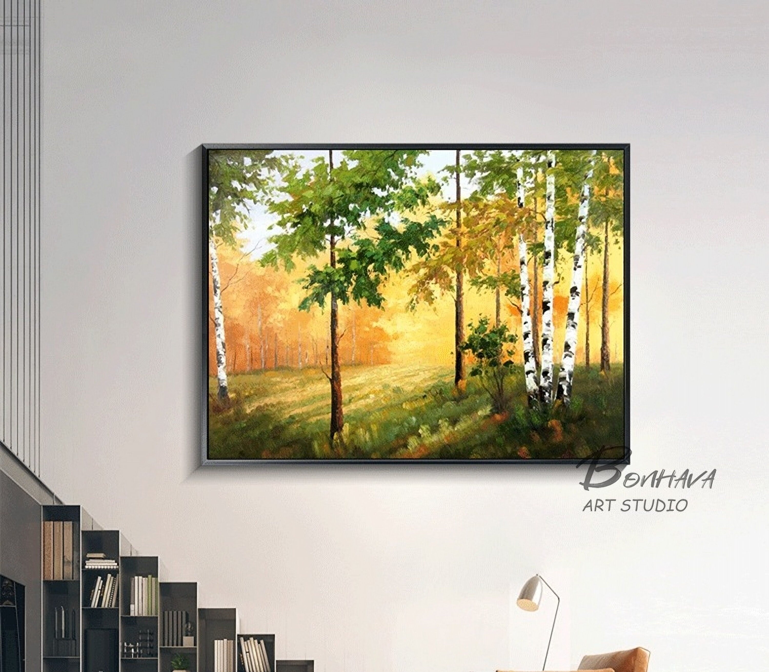 Hand-Painted Forest Wall Art Painting: Green Trees Artwork Landscape Canvas Picture for Wall (28'' x 36'')