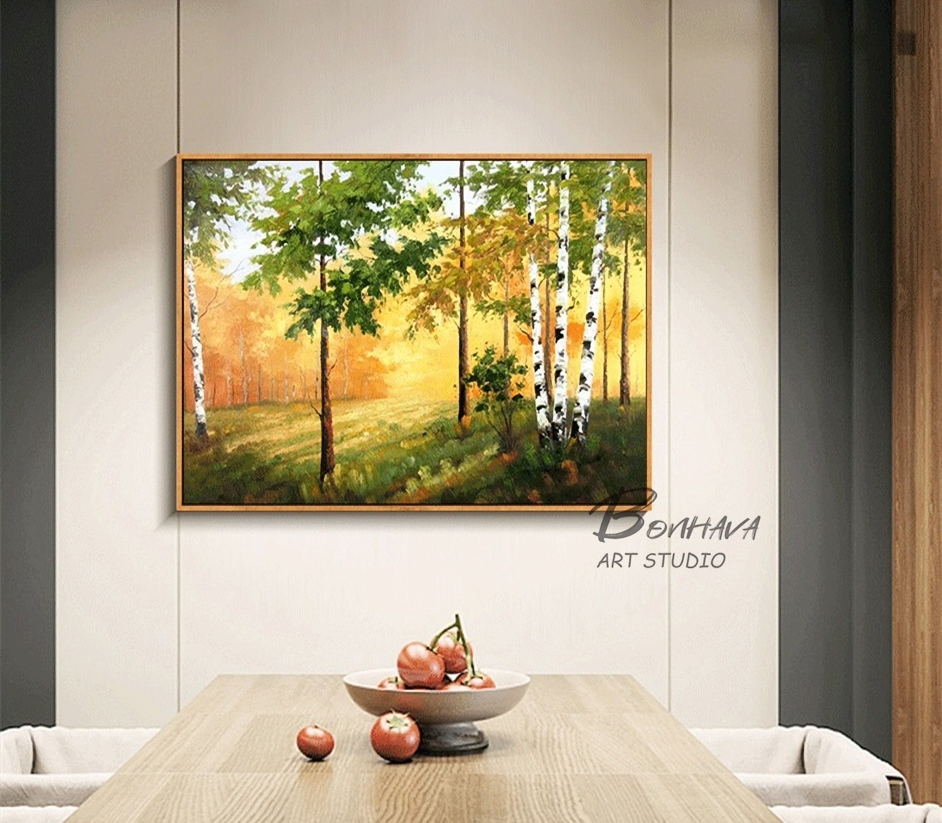 Hand-Painted Forest Wall Art Painting: Green Trees Artwork Landscape Canvas Picture for Wall (28'' x 36'')