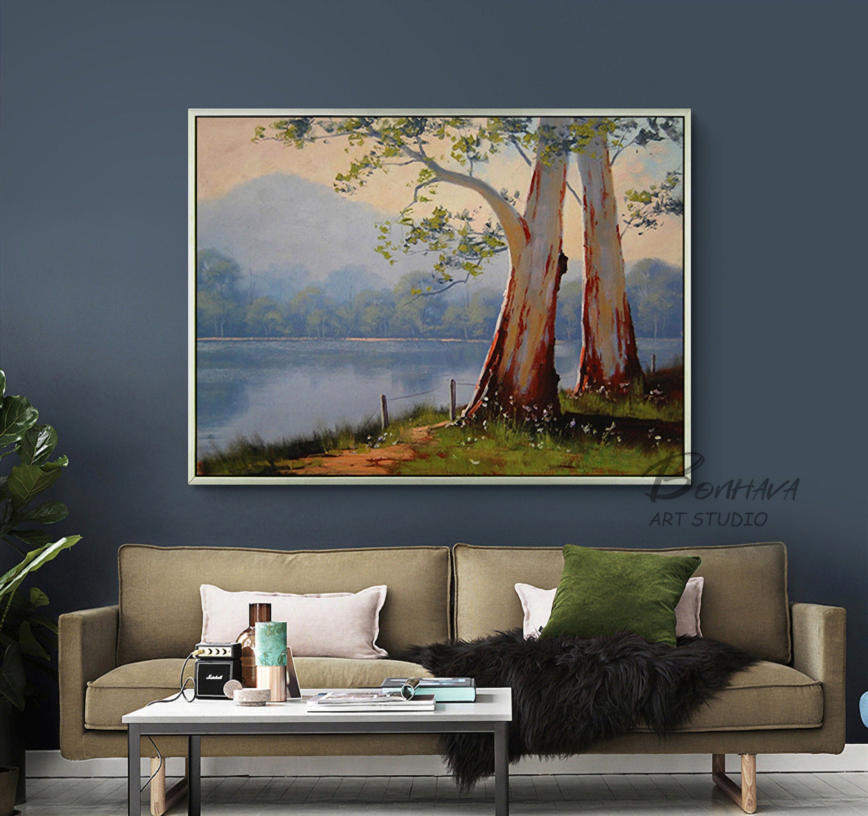 Tree Lake Wall Art Decor Landscape Leaves Forest Canvas Painting Kitchen Pictures for Home Living Dining Room